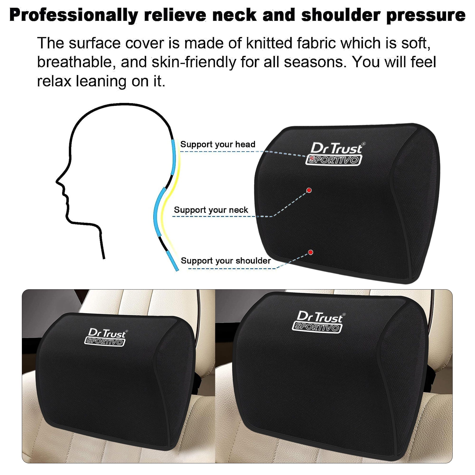 Dr Trust USA Orthopedic Neck Rest Car Seat Cushion - Memory Foam Pillow for Auto Headrest, Sciatica & Back Pain Relief - Perfect for Long Drives, Office Chairs & Travel (Pack of 1)