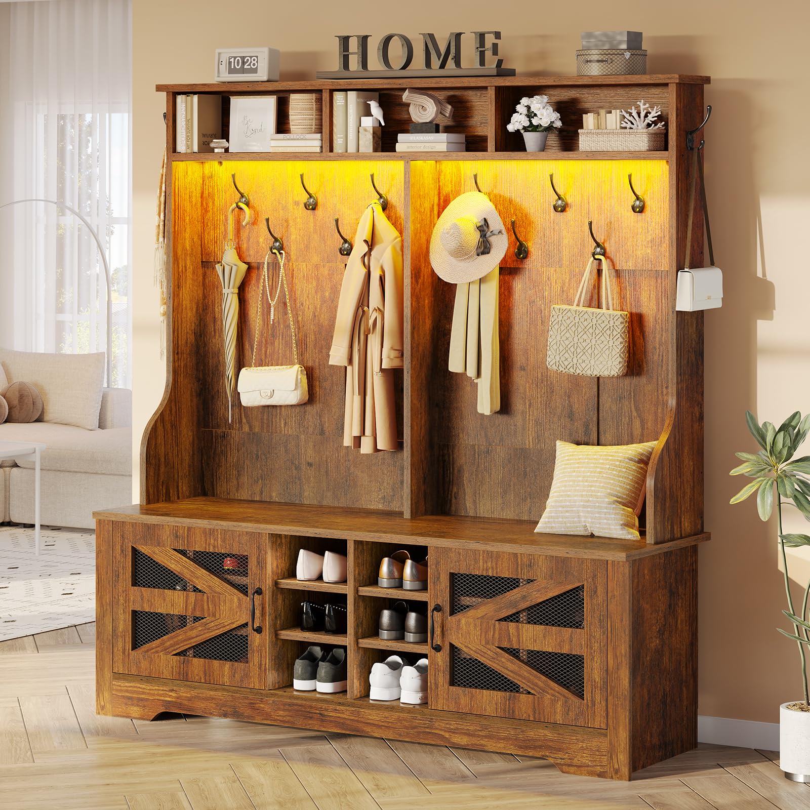 Itaar 5-in-1 Hall Tree with Bench, Shoe Storage & Coat Rack - 16 Shoe Cubbies, 12 Coat Hooks, Barn Door & Adjustable Shelf - Rustic Brown Entryway Organizer for Mudroom, Foyer or Home Decor