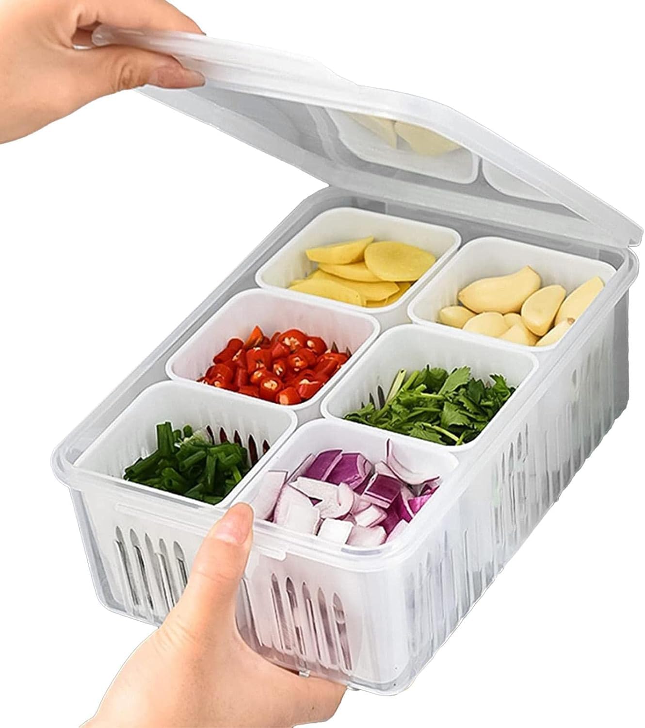 UCRAVO 6-Compartment Divided Veggie Tray - Airtight Snackle Box & Charcuterie Container for Food Storage | Refrigerator Safe Food Prep Containers | Perfect for Meal Prep, Party Platters & Fruit Organization (1 Pack)