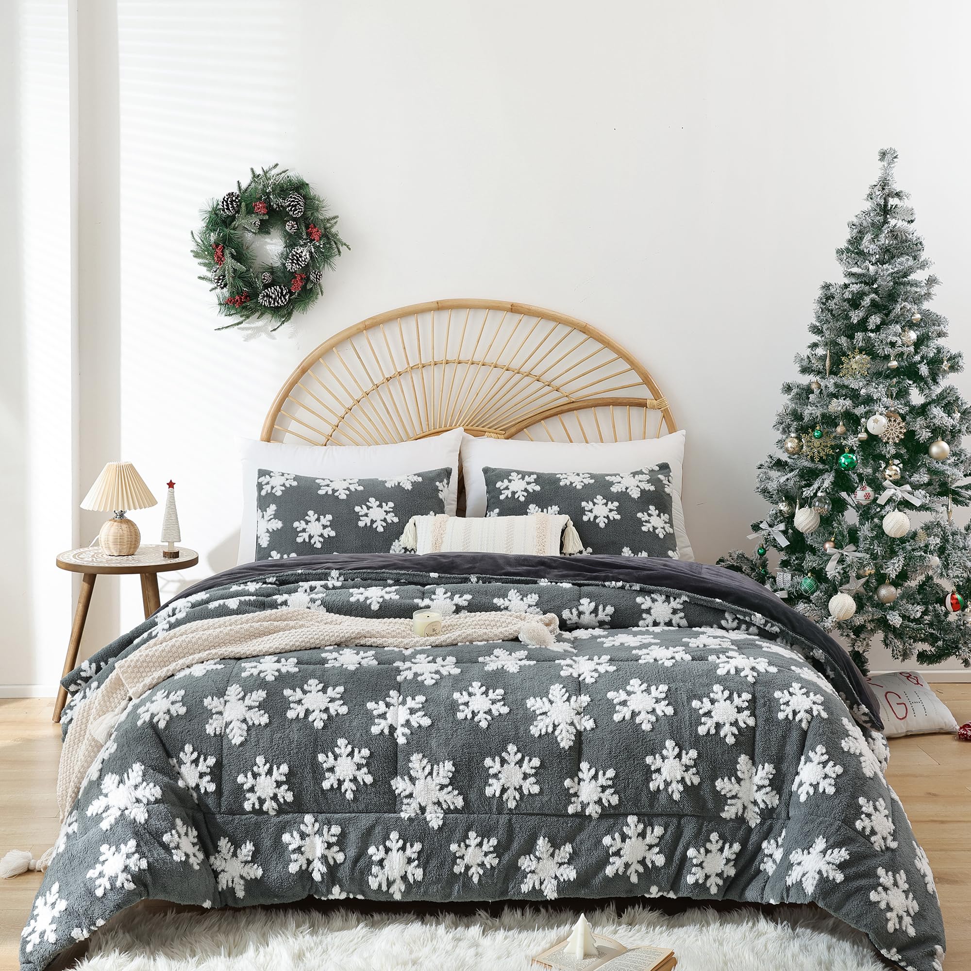 JANZAA Grey Velvet Christmas Comforter Set Queen - 3 Piece Soft Fluffy Bedding with White Snowflake Design for Holiday Decor & Cozy Winter Nights