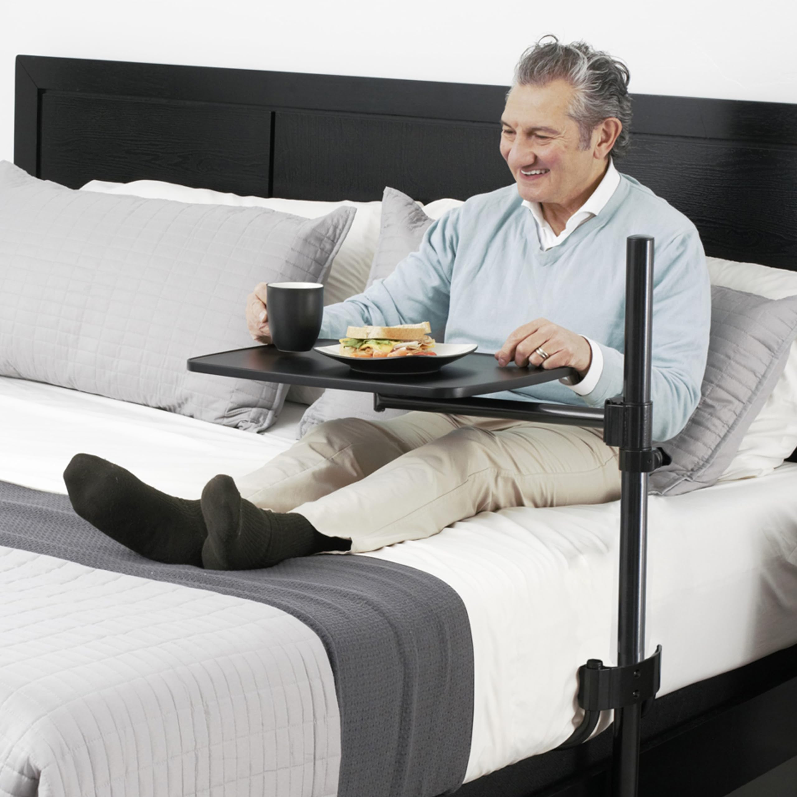 Adjustable Overbed Table with 360° Swivel Tray - Universal Medical Lap Desk, Large Bedside Tray & Laptop Stand for Home, Hospital, or Office Use - Black