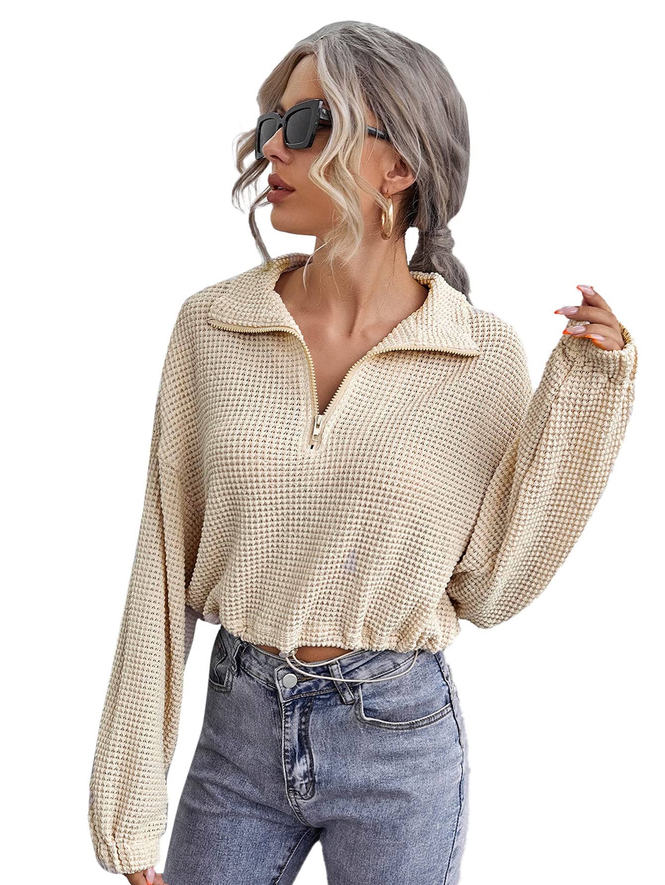 WDIRARA Women's Casual Long Sleeve Half Zip Pullover Sweatshirt - Cropped Waffle Knit Top with Drawstring in Beige | Perfect for Fall Layering, Coffee Dates & Weekend Outfits