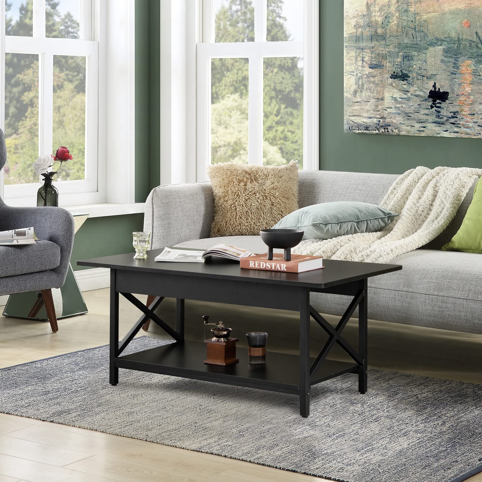 COSTWAY 2-Tier Industrial Coffee Table with Storage Shelf - X-Shape Steel Frame & Wood Top - Rectangle Sofa Side Table for Living Room, Home Office - Black | Perfect for Small Spaces, Coffee Shops & Modern Home Decor