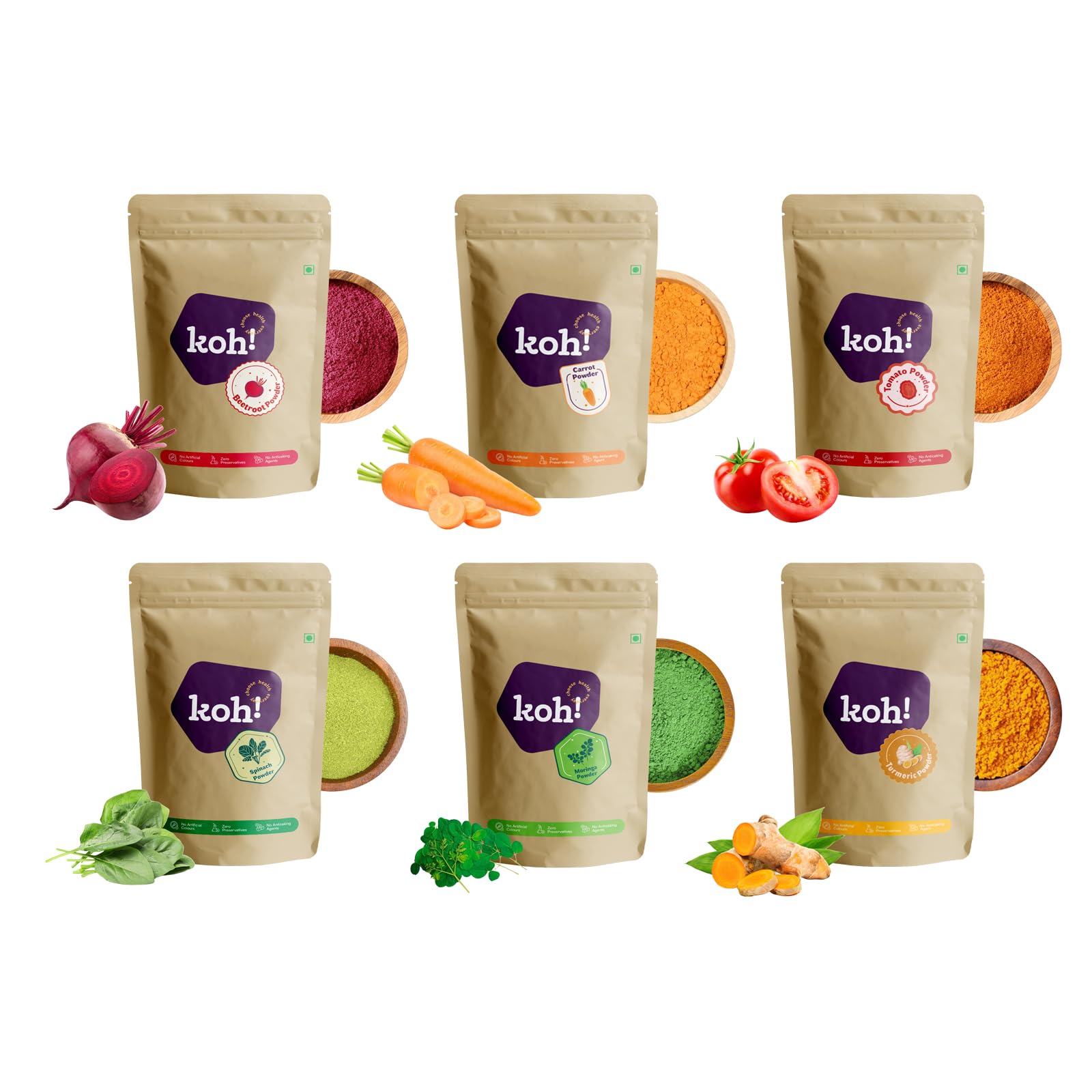 KOH Rainbow Superfood Powder Pack - 6 Varieties (Spinach, Beetroot, Carrot, Tomato, Moringa) | Organic Superfood Blend for Smoothies, Juices, Detox & Immune Support | Perfect for Healthy Drinks, Baking & Meal Prep