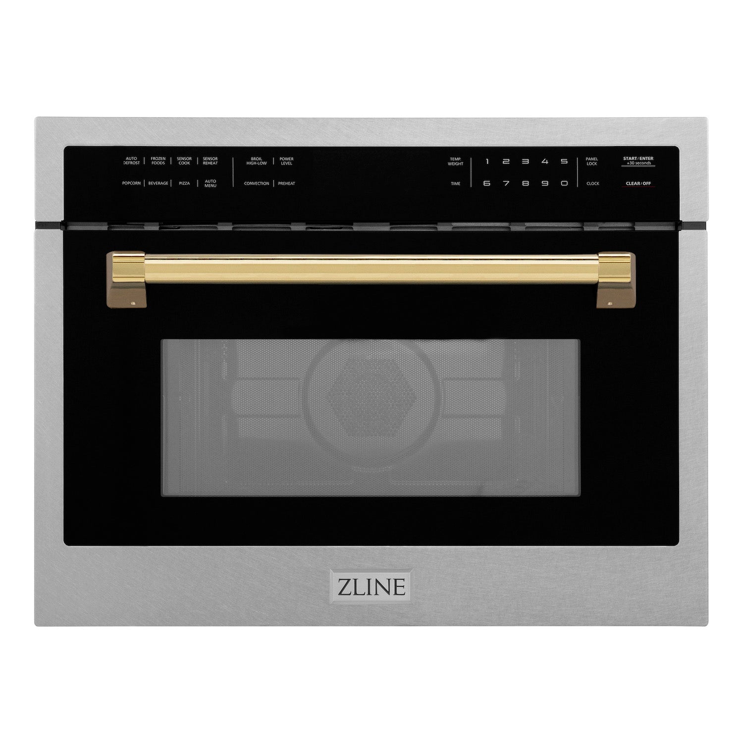ZLINE Autograph Edition 24 Inch Built-In Convection Microwave Oven - 1.6 cu ft Capacity, Satin Stainless Steel with Polished Gold Accents (MWOZ 24 SS G) - Perfect for Modern Kitchens, Small Spaces & Gourmet Cooking