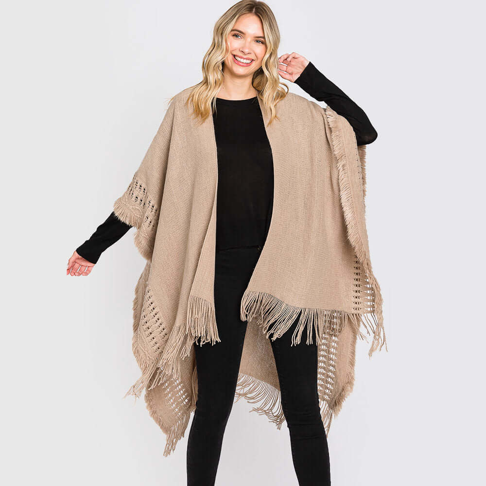 Stylish Taupe Fringe Cut-Out Knit Ruana Poncho Shawl Wrap - Perfect for Fall Fashion, Boho Outfits & Cozy Layering