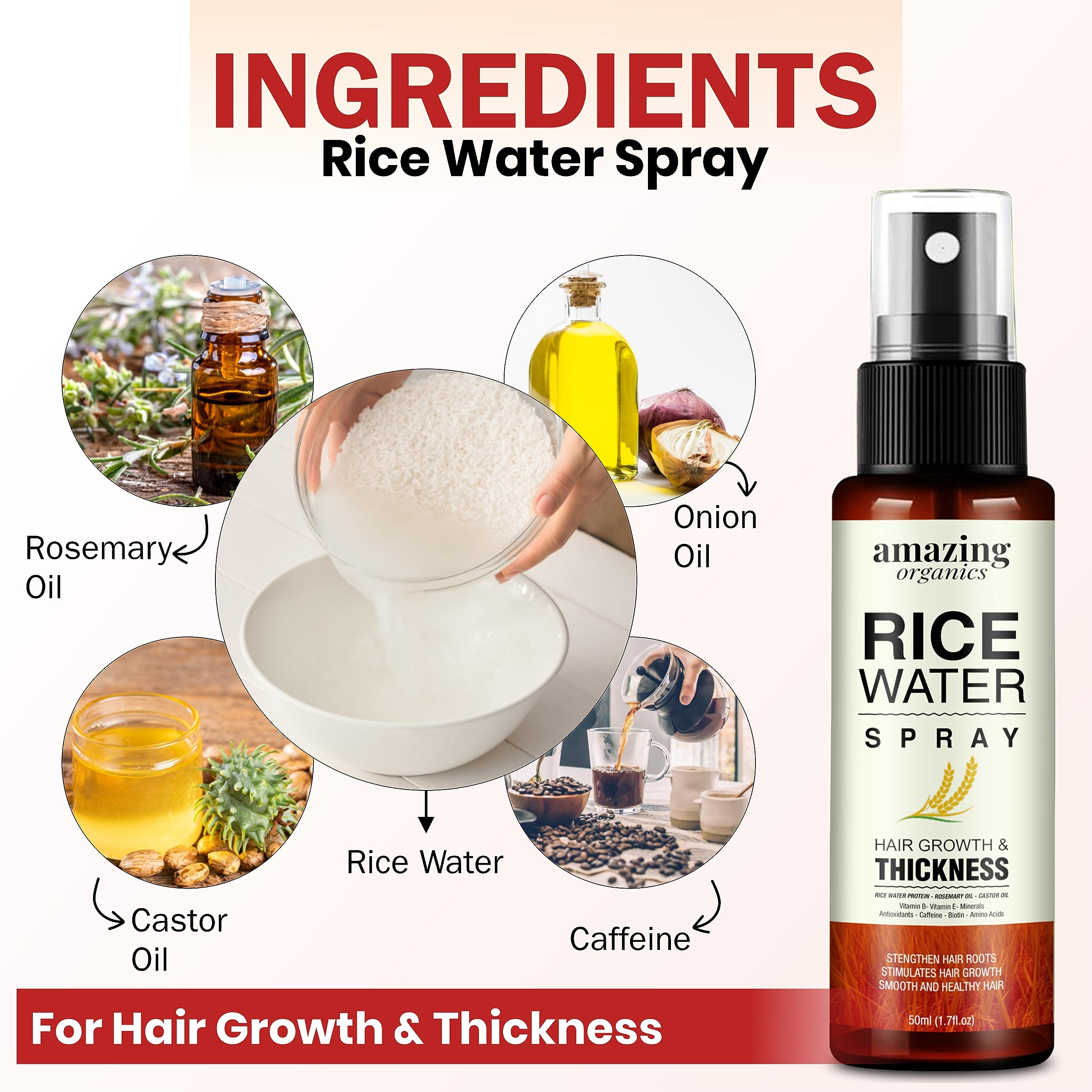 Rice Water Hair Growth Spray with Rosemary & Castor Oil - Natural Hair Loss Treatment for Women & Men - Promotes Thicker, Stronger Hair for Daily Care & Styling