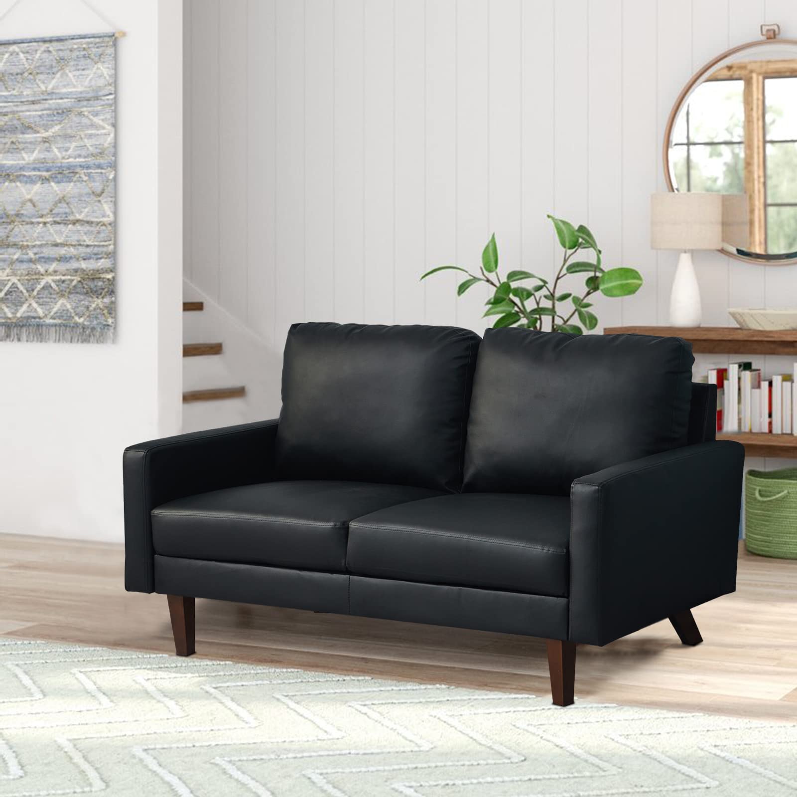 Premium Black Leather Loveseat Sofa - Modern Comfortable 2-Seater Couch with Sturdy Wooden Legs for Living Room, Office & Small Spaces - Perfect for Relaxing, Entertaining & Home Decor
