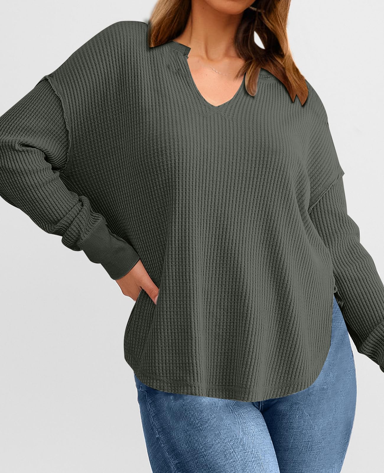 PRETTYGARDEN Women's Waffle Knit Long Sleeve V-Neck Drop Shoulder Pullover Sweater - Casual Oversized Tunic Top with Exposed Seam Details for Spring & Fall | Perfect for Layering, Office Wear, and Weekend Outfits