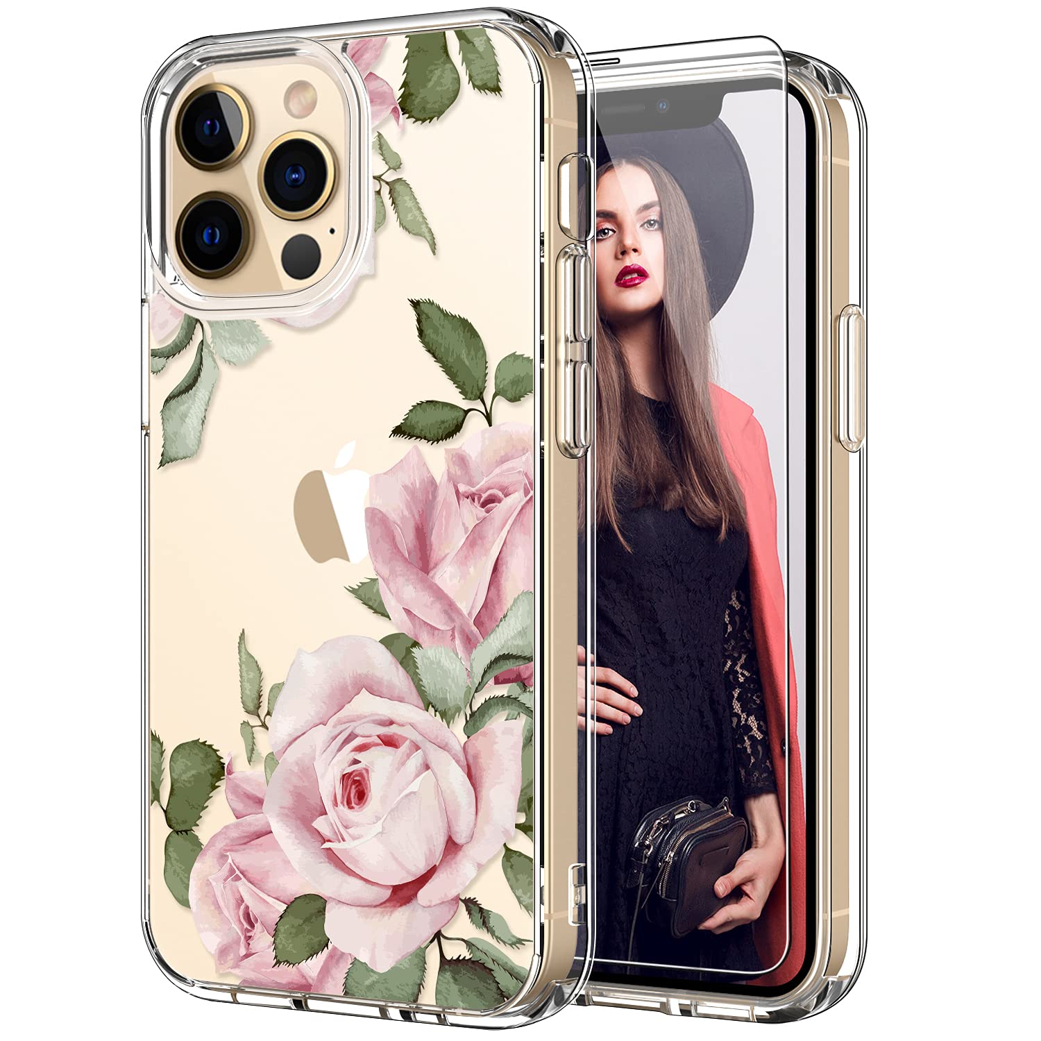 ICEDIO iPhone 13 Pro Max Case with Screen Protector - Slim Clear Protective Cover for Women | Fashion Floral Design | 6.7