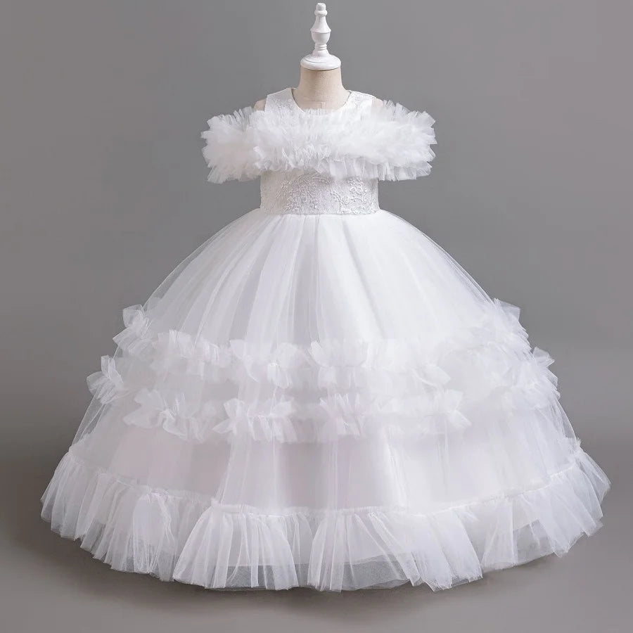 Girls Puff Sleeve Off Shoulder Princess Dress with Bow & Mesh Skirt - Elegant Party Dress for Kids 4-12 Years | Perfect for Birthday Parties, Pageants & Special Occasions
