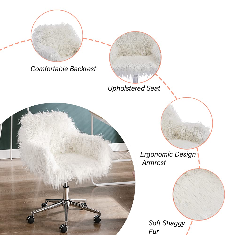 Premium Faux Fur Swivel Makeup Stool with Wheels - Adjustable Cute Task Chair with Arms for Home Office, Bedroom, Vanity & Reading - Soft White Ergonomic Desk Chair for Women & Teens (Perfect for Makeup, Studying & Relaxing)