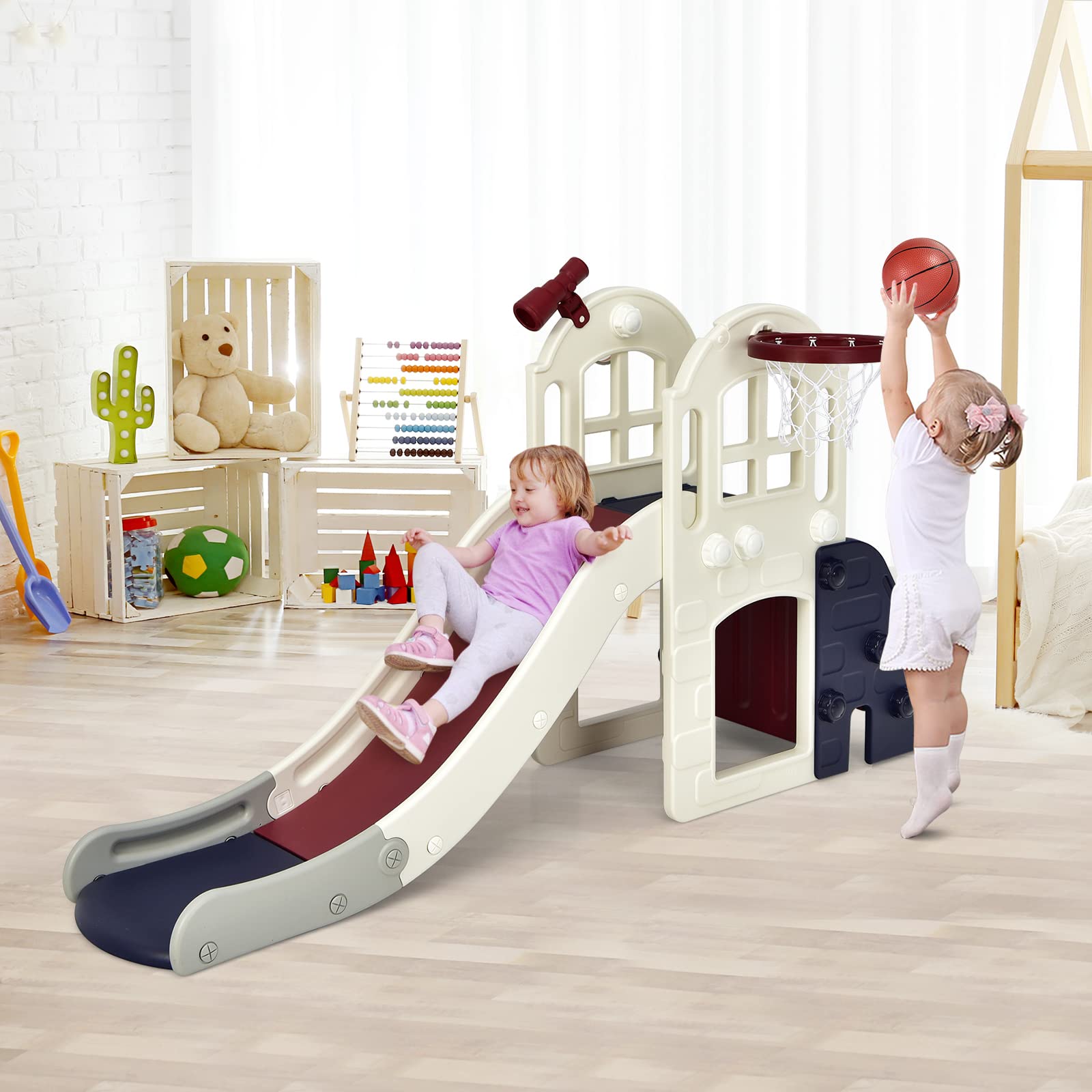 BABY JOY 6-in-1 Toddler Slide & Climber Set with Basketball Hoop & Ring Toss - Convertible Indoor/Outdoor Playground for Boys & Girls Ages 1-5 Years - Perfect Birthday Gift for Active Kids (Backyard, Playroom, Daycare)