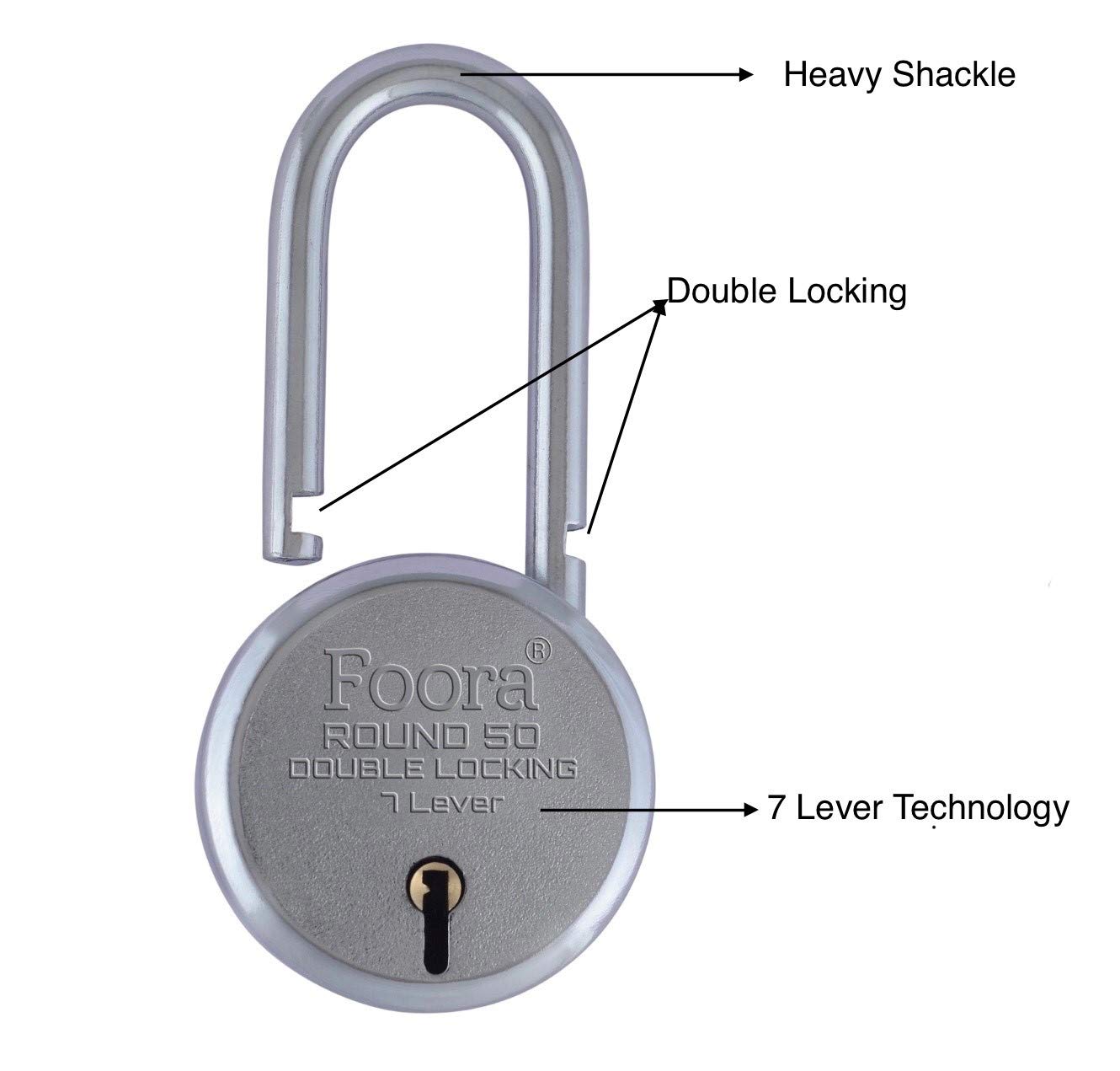 Foora 50mm Round Long Neck Shackle Padlock with 5 Keys - Double Locking 7 Lever Security Lock for Home, Gate, Shutter, Shed, Toolbox & Storage - Durable Outdoor & Indoor Use for Enhanced Protection