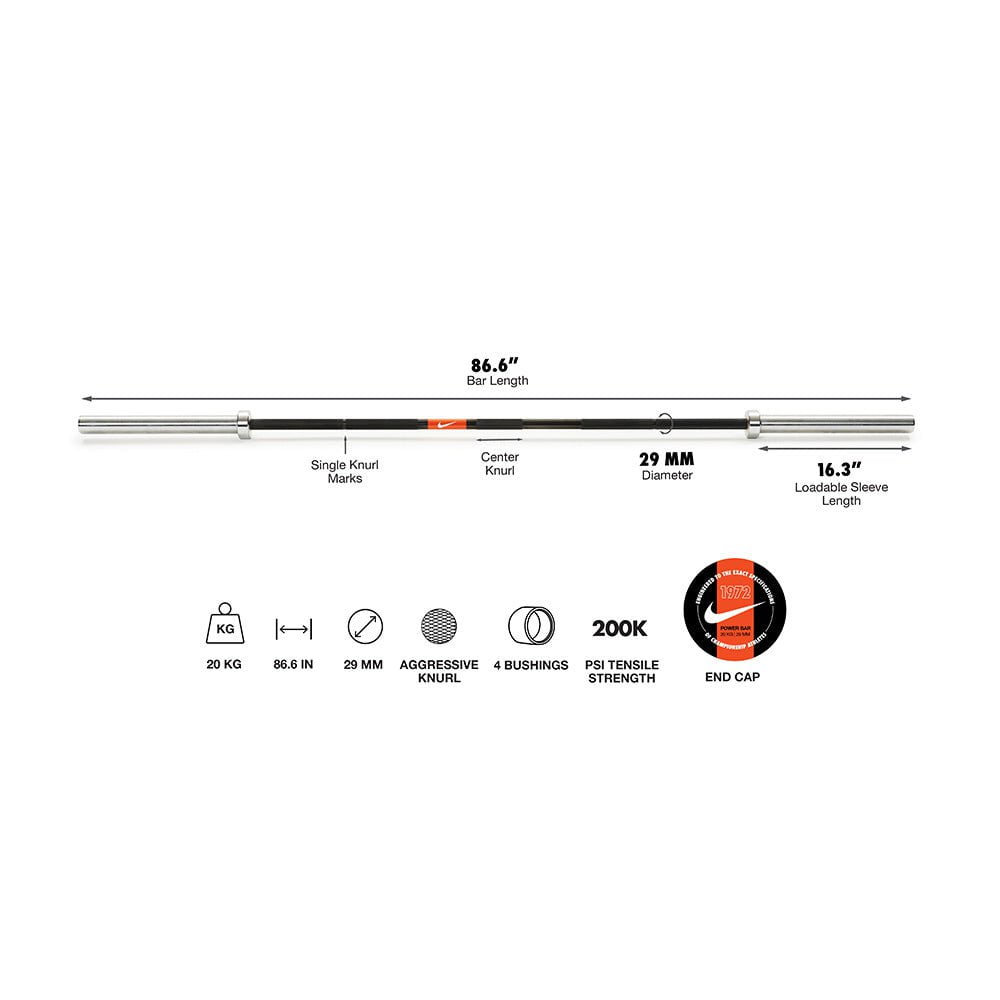 Nike Strength 1972 Power Bar - 20kg Olympic Weightlifting Bar for CrossFit, Powerlifting & Home Gym Workouts - Perfect for Strength Training & Fitness Enthusiasts