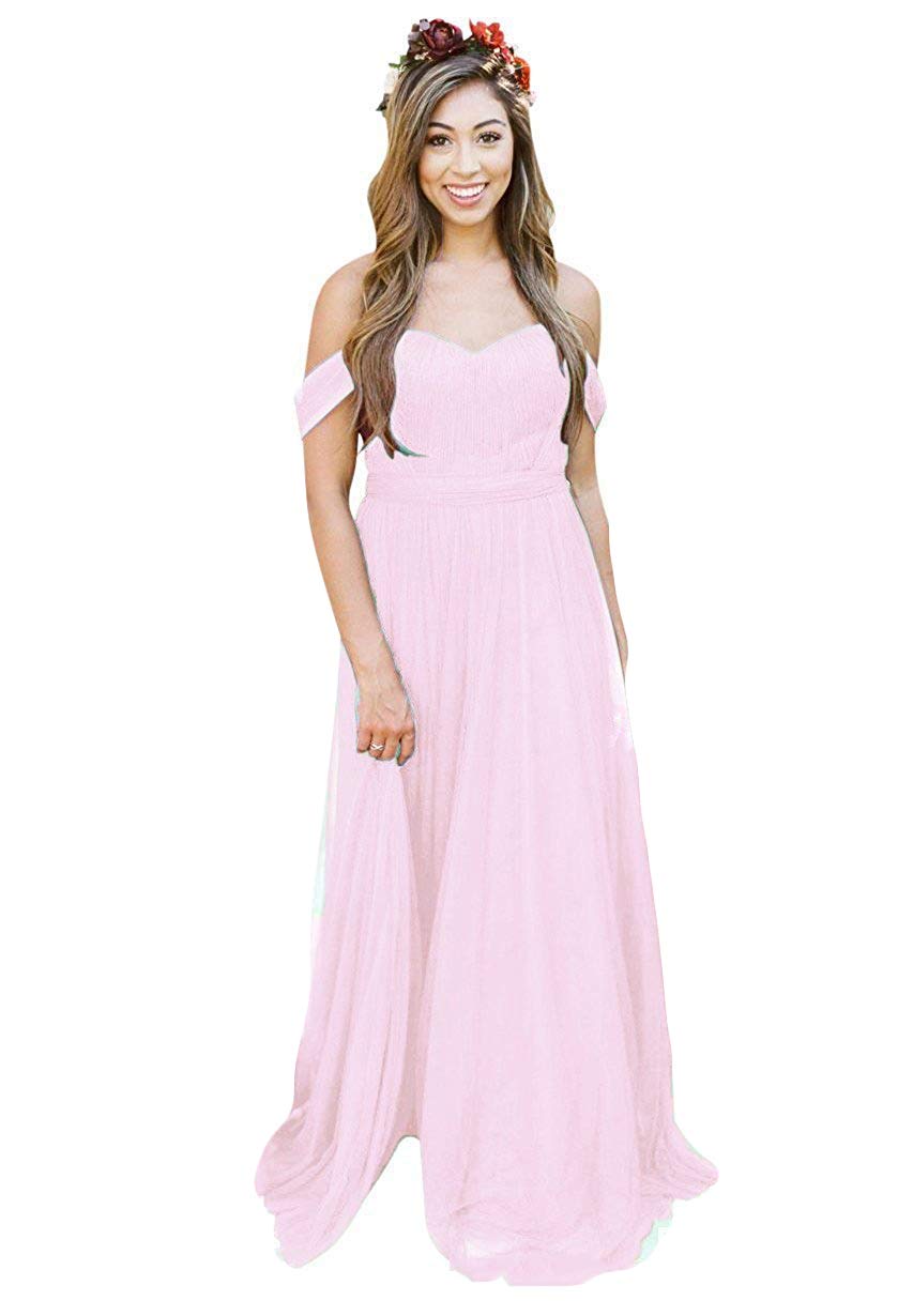 Elegant Off-Shoulder Long Bridesmaid Dress - Sweetheart Neckline Tulle Wedding Party Gown for Prom & Formal Events | Perfect for Bridal Showers, Receptions & Special Occasions