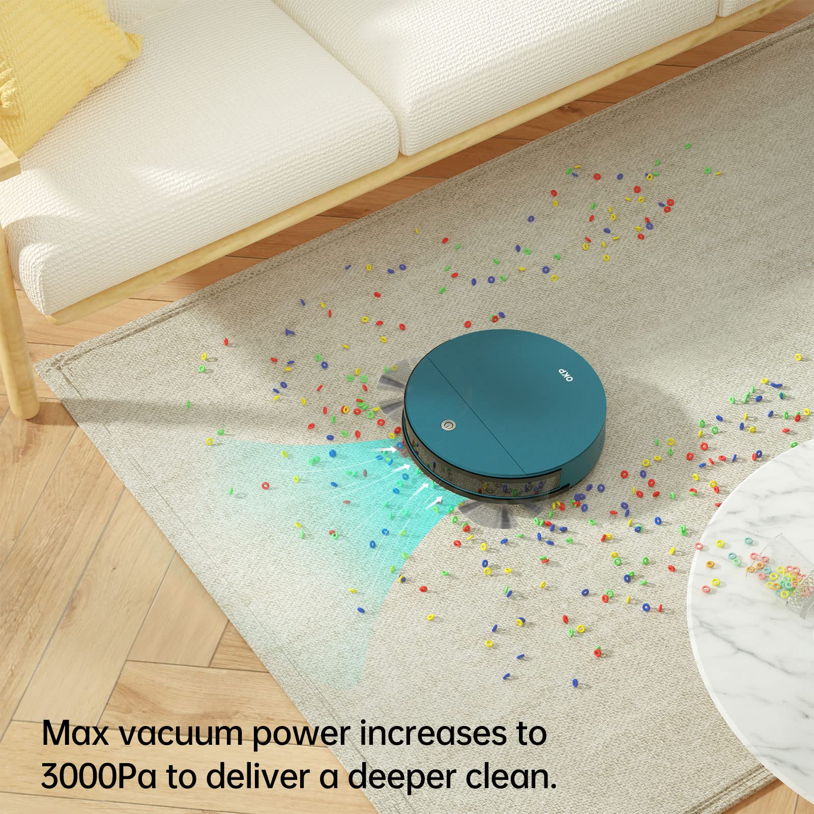 OKP K3P Robot Vacuum Cleaner 3000Pa Strong Suction - Smart WiFi/APP/Alexa Control - 150 Min Runtime - Auto Recharge - Ultra Quiet - Ideal for Pet Hair, Hardwood Floors & Carpets (Blue) - Perfect for Daily Home Cleaning & Pet Owners