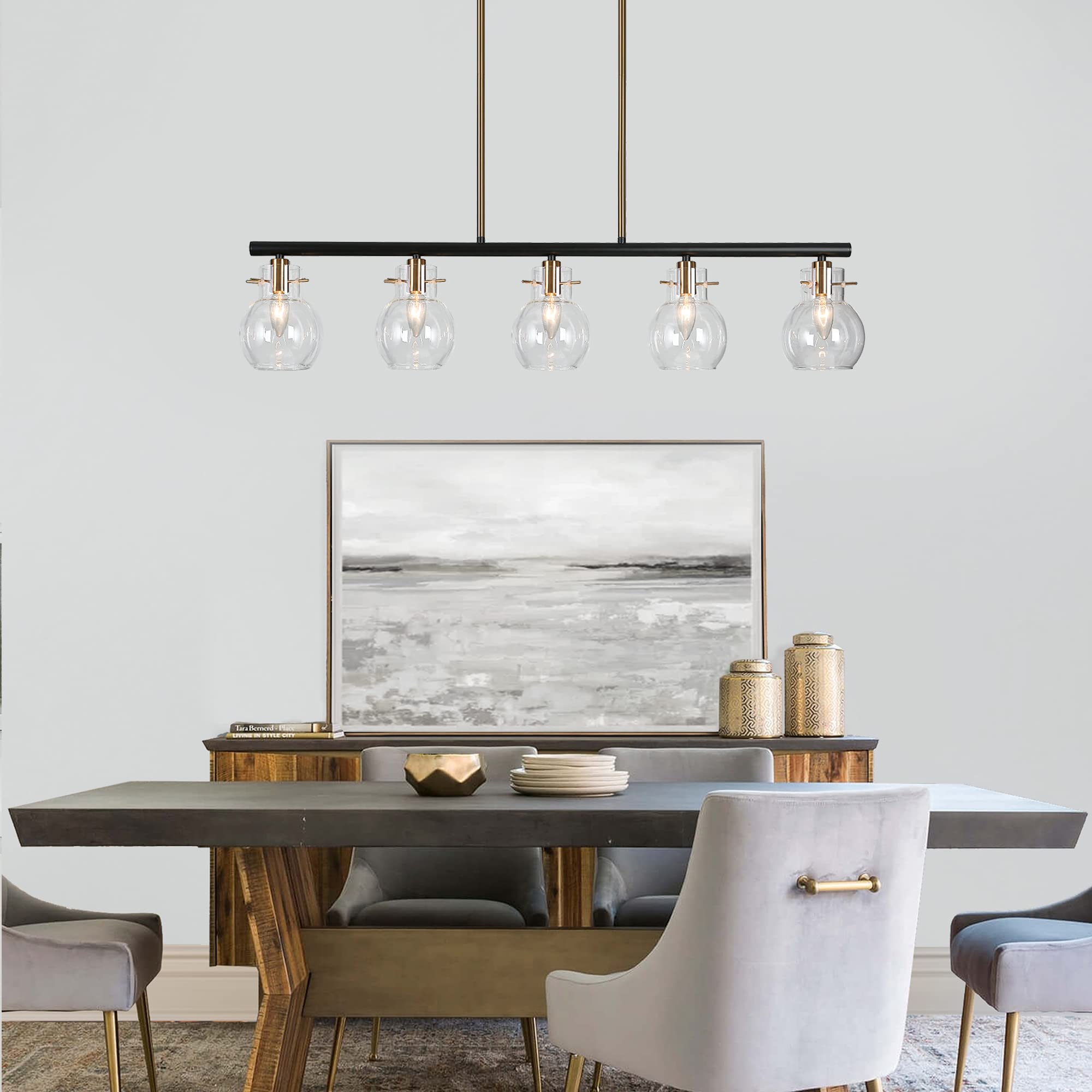 ZEVNI 5-Light Modern Black Chandelier with Clear Glass Globes - 38
