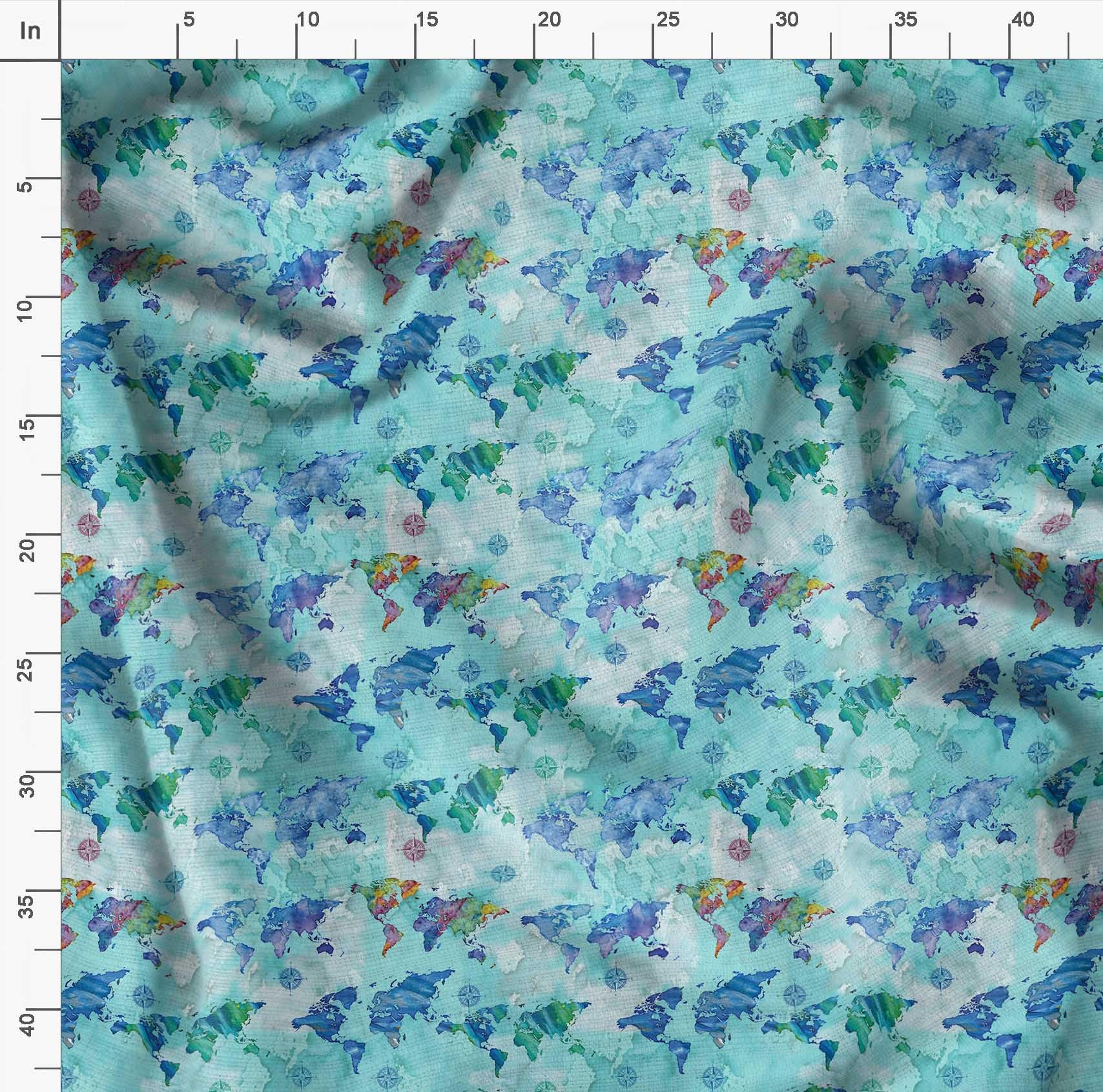 Soimoi 100% Cotton Canvas Fabric - Green Nautical Compass & World Map Print - 42 Inch Wide by The Yard - DIY Fashion, Home Decor, Upholstery & Craft Projects