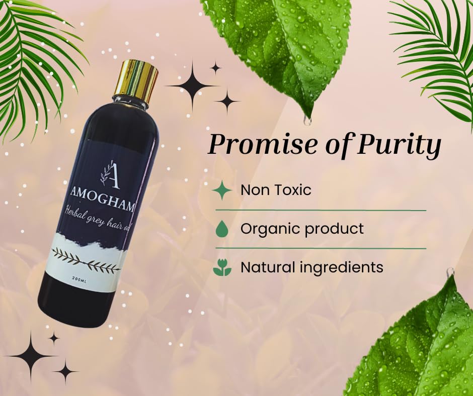 Amogham Grey Hair Oil - Natural Darkening Oil for Grey Hair | Strengthens Hair Follicles, Reduces Breakage & Dandruff | 26+ Ayurvedic Herbs Formula | 200ml Bottle for Men & Women | Perfect for Daily Hair Care & Premature Greying Treatment