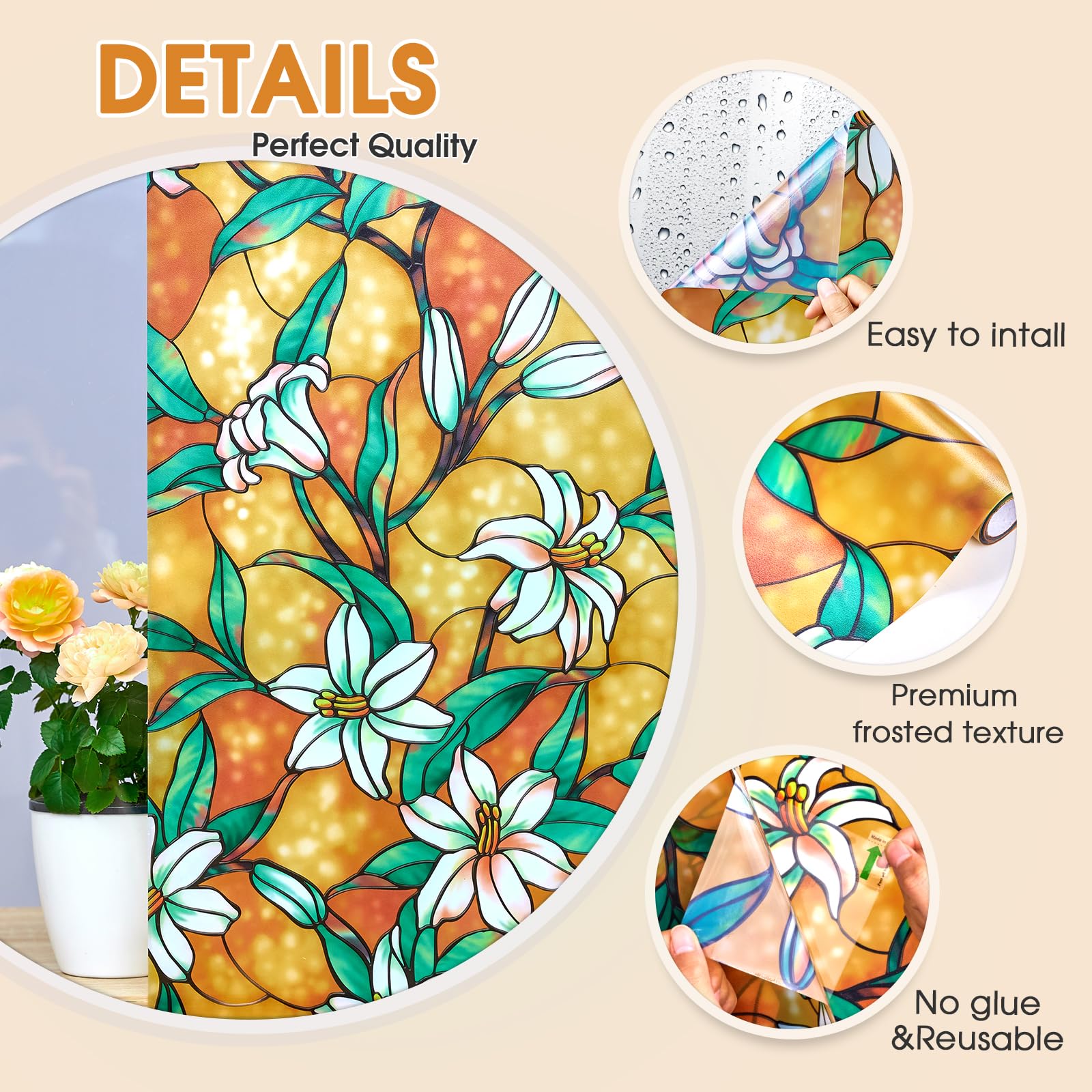 Frosted Privacy Window Film - Decorative Stained Glass Vinyl Cling for Bathroom & Home Windows, Non-Adhesive Tint (17.5