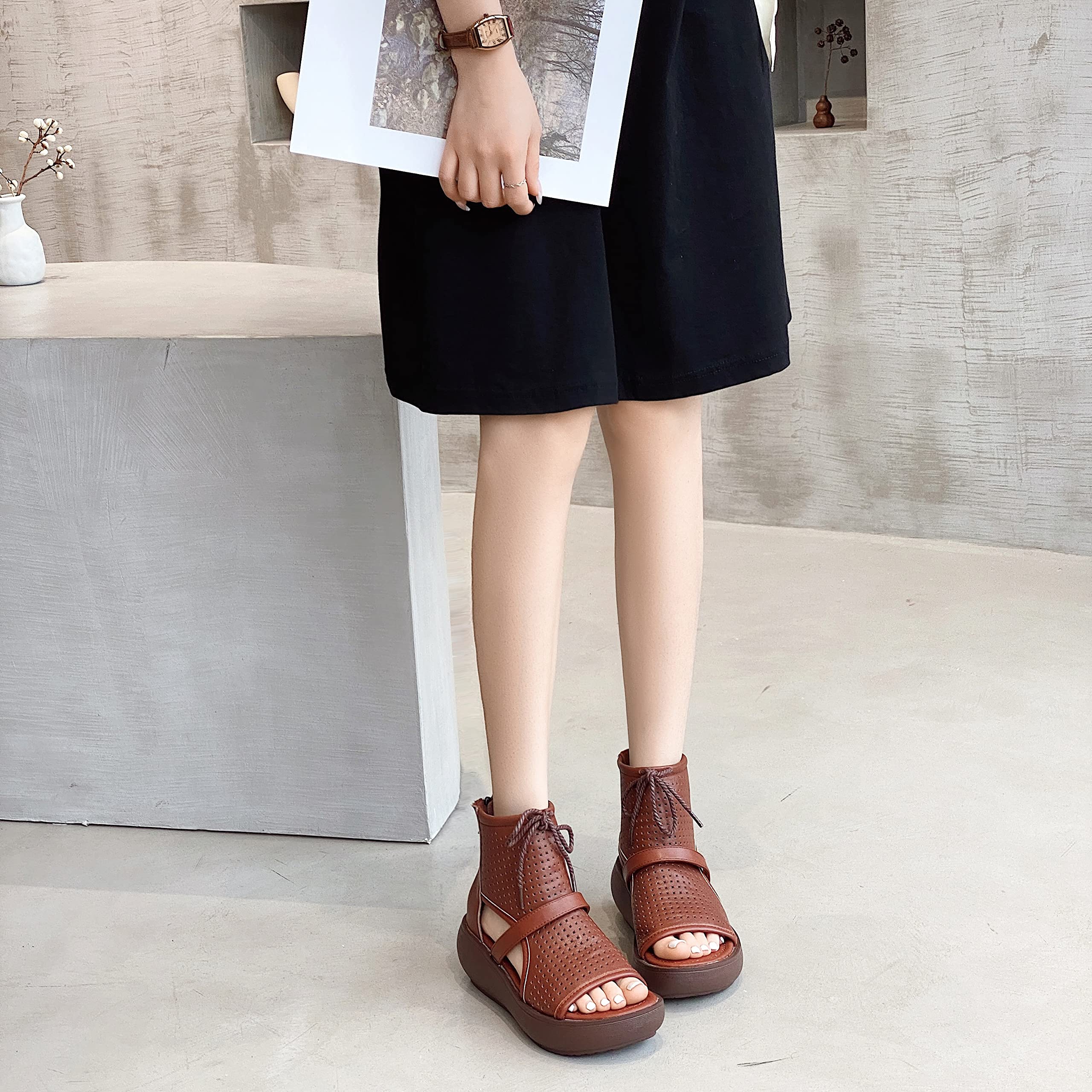 Women's High Top Leather Boot Sandals with Open Toe Cutout Design - Stylish Summer Fashion for Casual Outings, Beach Walks & Outdoor Adventures