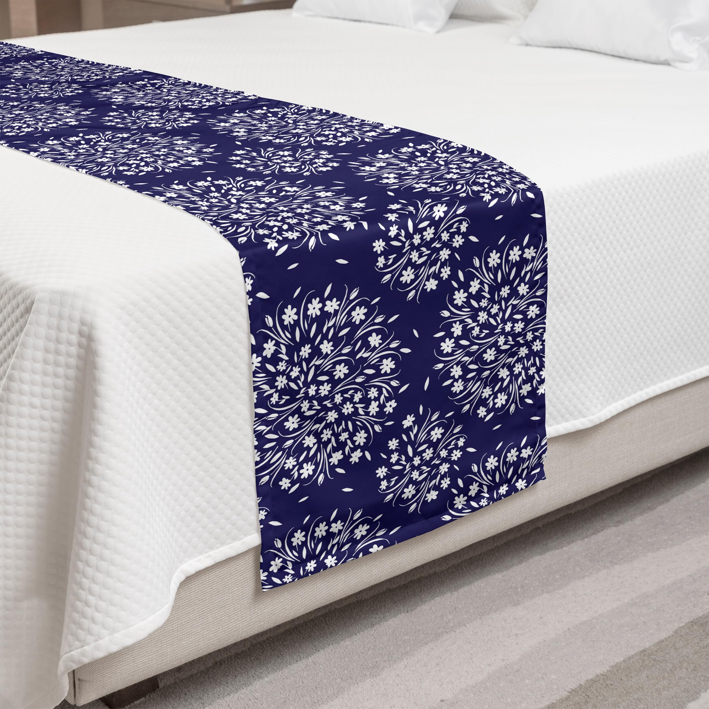Ambesonne Navy and White Bed Runner - Floral Scroll Pattern with Wildflowers & Buds, Feminine Corsage Design - Decorative Bed Scarf for Hotels, Homes & Guestrooms (Indigo/White) - Perfect for Bedroom Decor, Wedding Accents & Cozy Home Styling