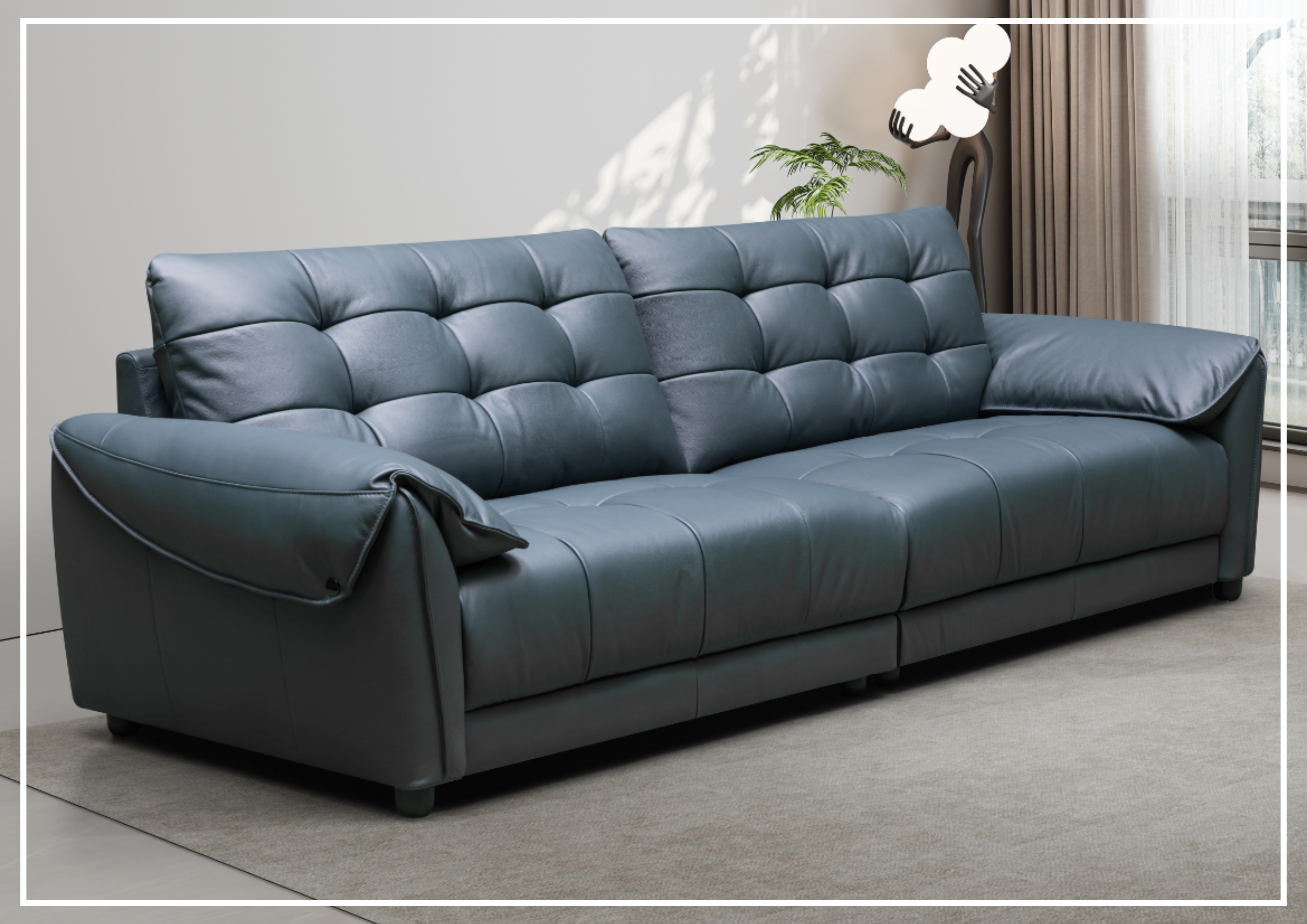 Klaussner Sofiano 2-Seater Blue Leather Sofa with Plush Back Support - Modern Living Room Furniture for Small Spaces & Apartments
