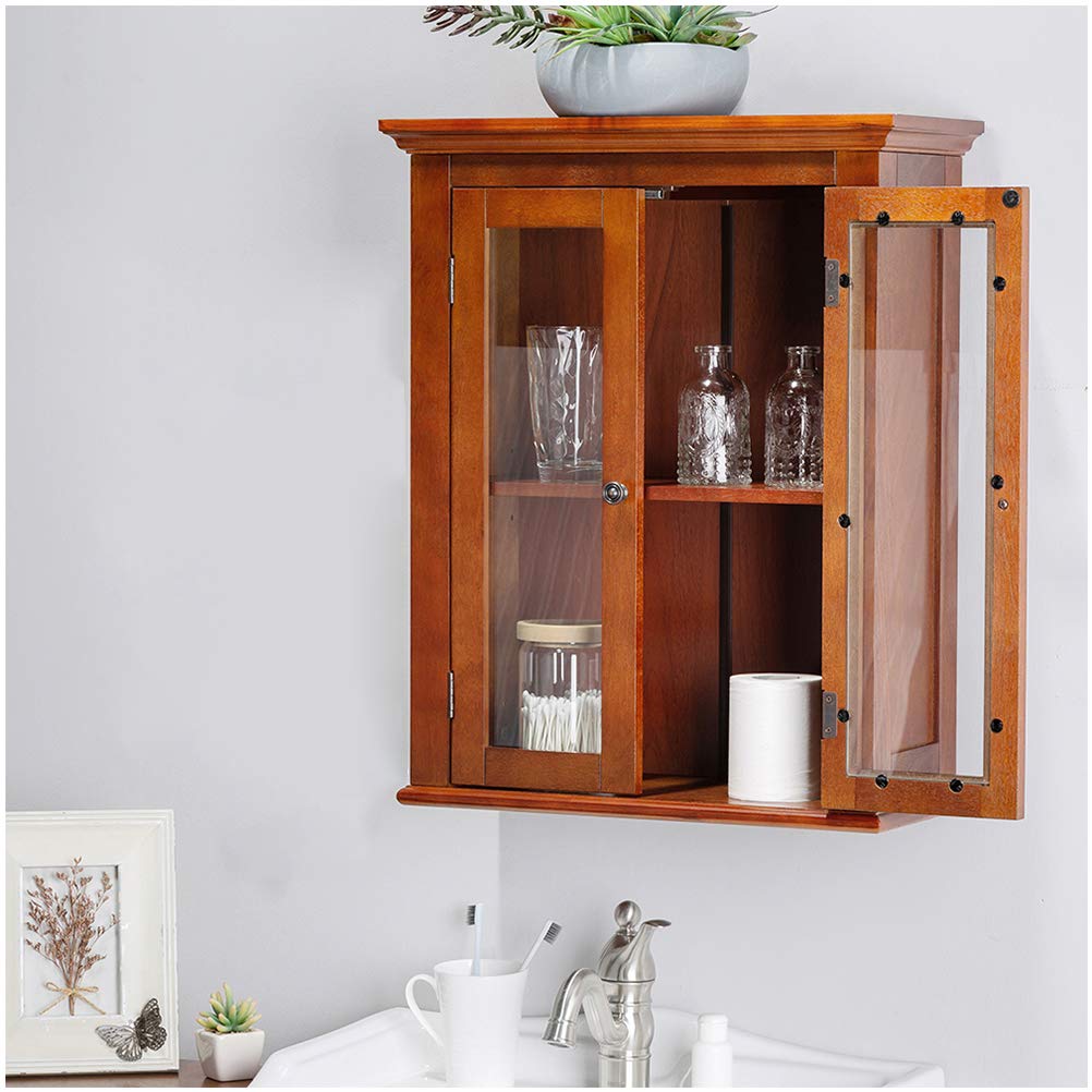 Glitzhome 24.1 Inch Wooden Wall Mounted Storage Cabinet with Glass Double Doors & Adjustable Shelf - Perfect for Kitchen, Bathroom, Living Room Organization & Home Decor