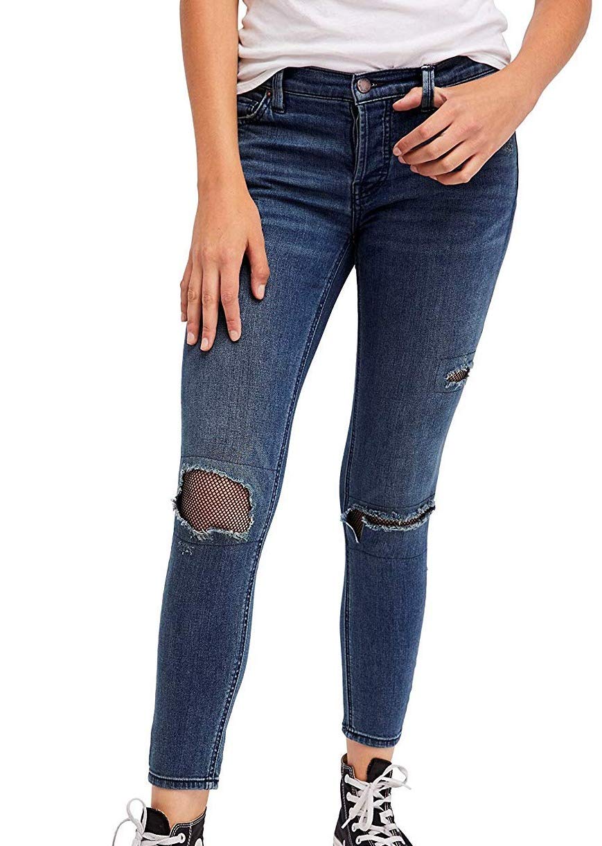Free Women's Fishnet-Inset Skinny Fit Jeans - Trendy High-Waisted Stretch Denim Pants for Casual Outings & Night Out