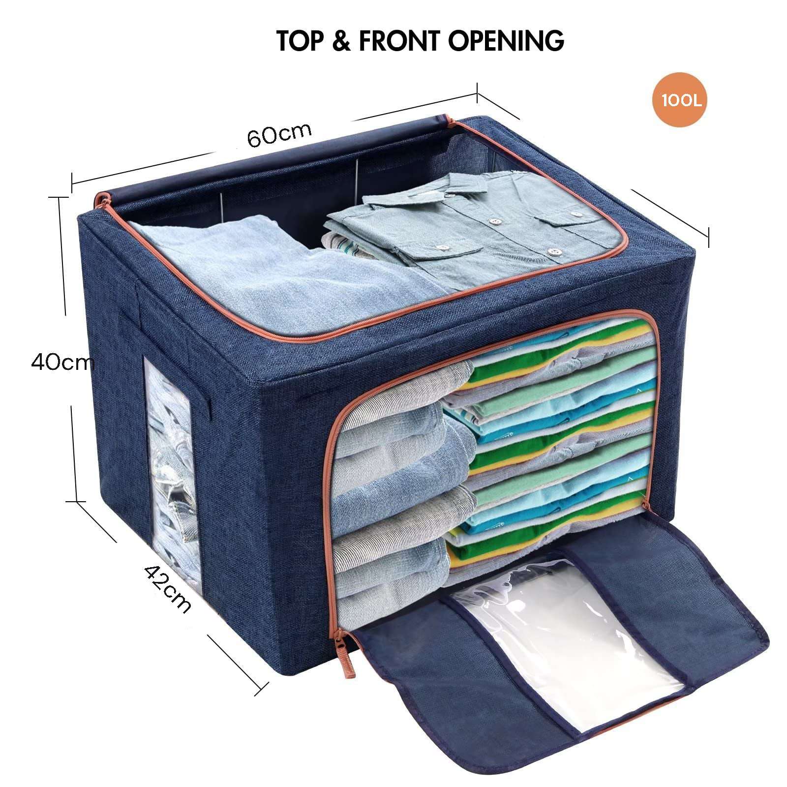 100L Large Cloth Storage Box - Foldable Closet Organizer for Clothes, Blankets & Toys | Space-Saving Wardrobe Storage Bags in Grey & Blue | Perfect for Bedroom, Closet & Travel Organization