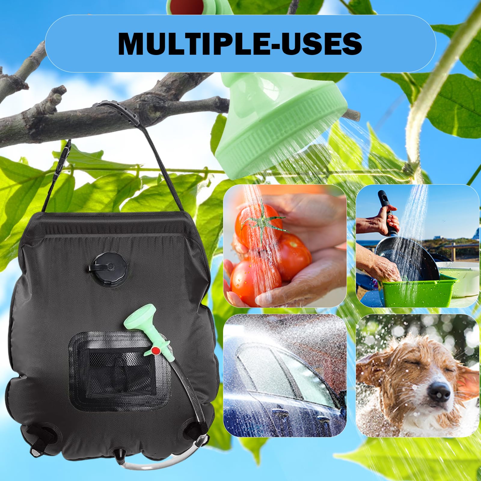 5 Gallon Solar Shower Bag - Portable 20L Camping Shower with Removable Hose & On/Off Switchable Shower Head - Perfect for Beach, Hiking, RV Trips & Outdoor Adventures