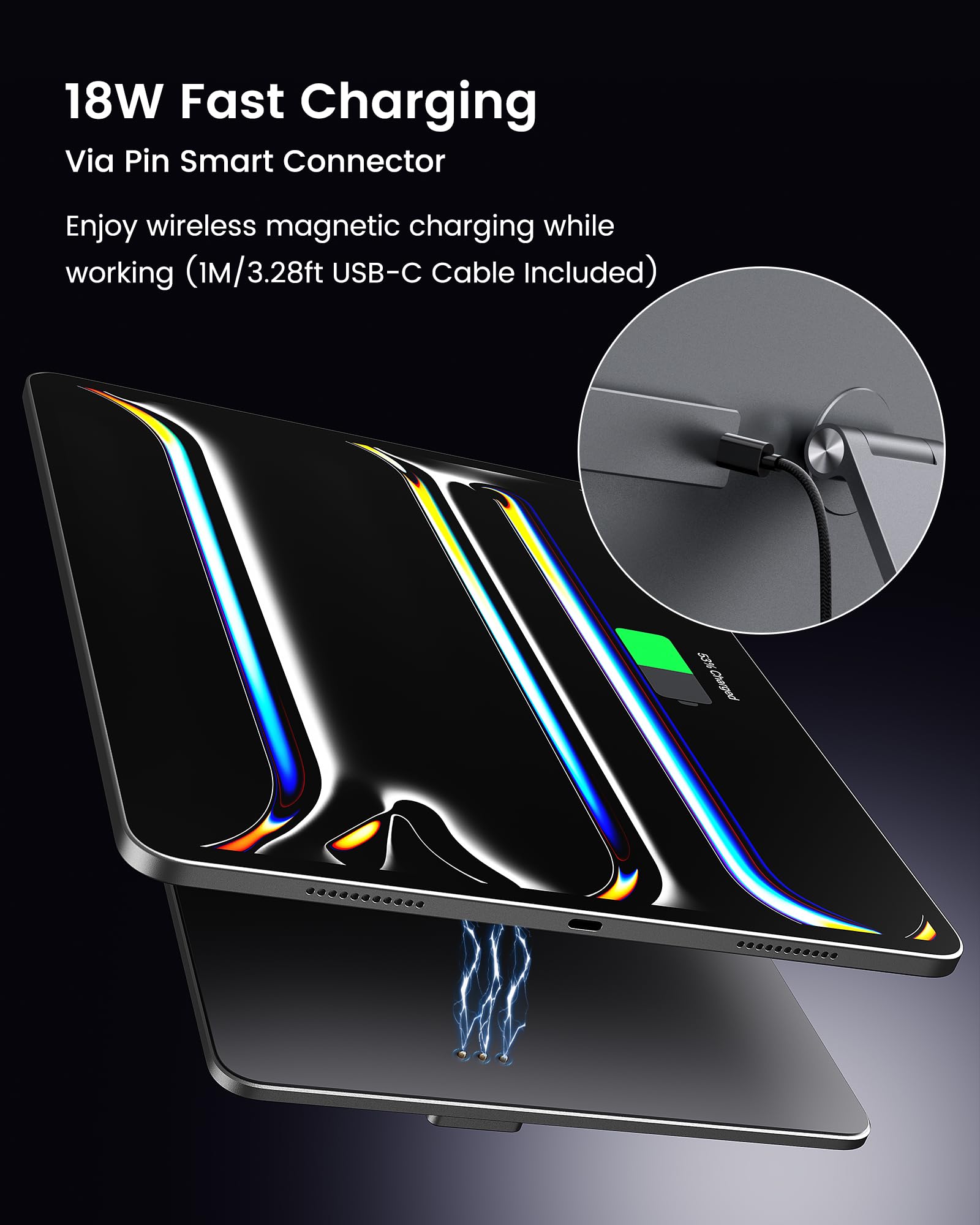 Magnetic Wireless Charging Stand for iPad Pro 13 M4 2024 - Aluminum Alloy Foldable Tablet Stand Holder with 360° Adjustable Angle & 1M USB-C Cable - Perfect for Home Office, Desk Work, Watching Videos & Hands-Free Charging