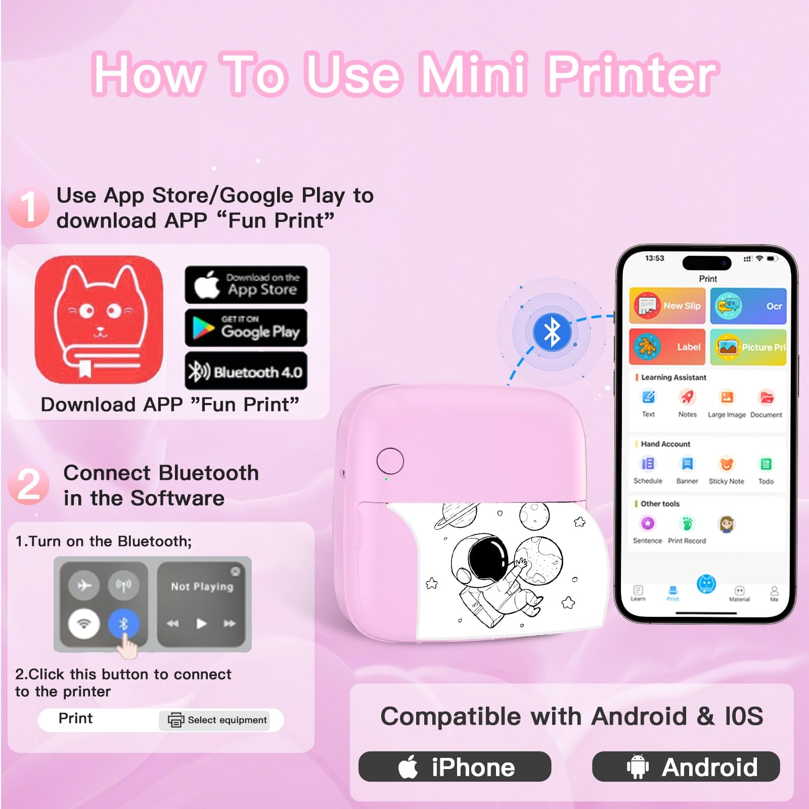 Mini Sticker Printer with 6 Rolls Paper - Portable Thermal Label Maker for DIY Scrapbooking, Travel Journaling, Note Taking & Memos - 7 Color LED Light Modes - Wireless Bluetooth Compatible with iPhone & Android Phones - Perfect for Home Office, School Projects & Gift Wrapping