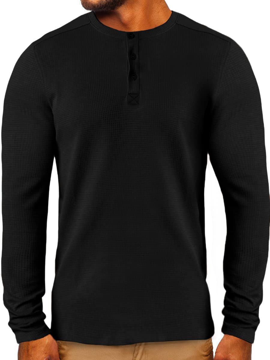 FSHAOES Men's Long Sleeve Henley Shirts - Soft Waffle Knit Casual Button Up T-Shirt for Men | Breathable & Comfortable for Everyday Wear, Work, and Outdoor Activities