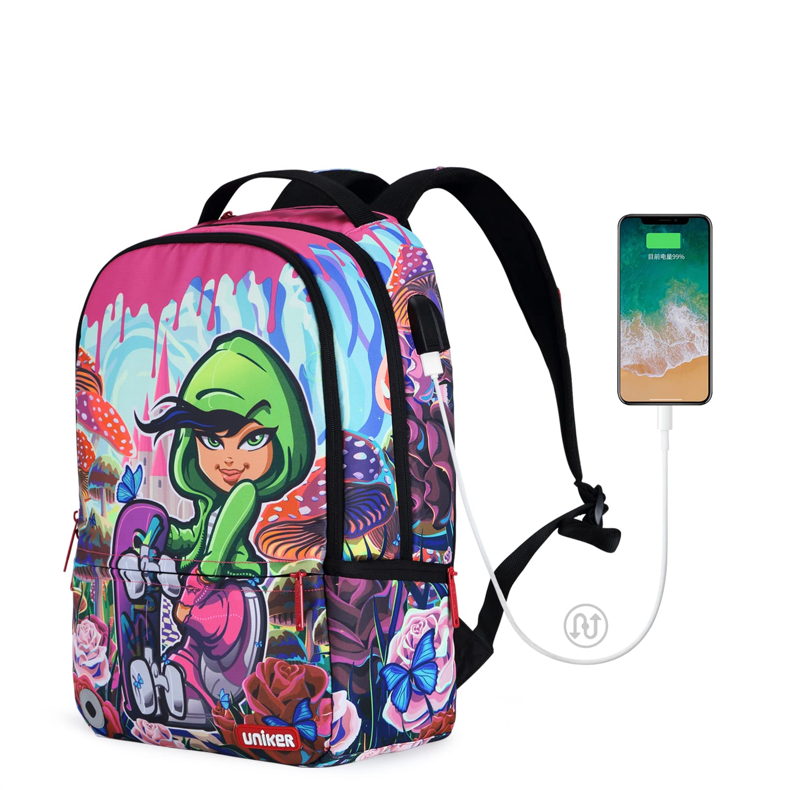 UNIKER Stylish Laptop Backpack for Women & Girls - USB Charging Port, Water Resistant, Fits 15.6 Inch Laptop - Graffiti Design School Backpack, Travel & Skateboard Friendly - Perfect for Work, College & Daily Commute