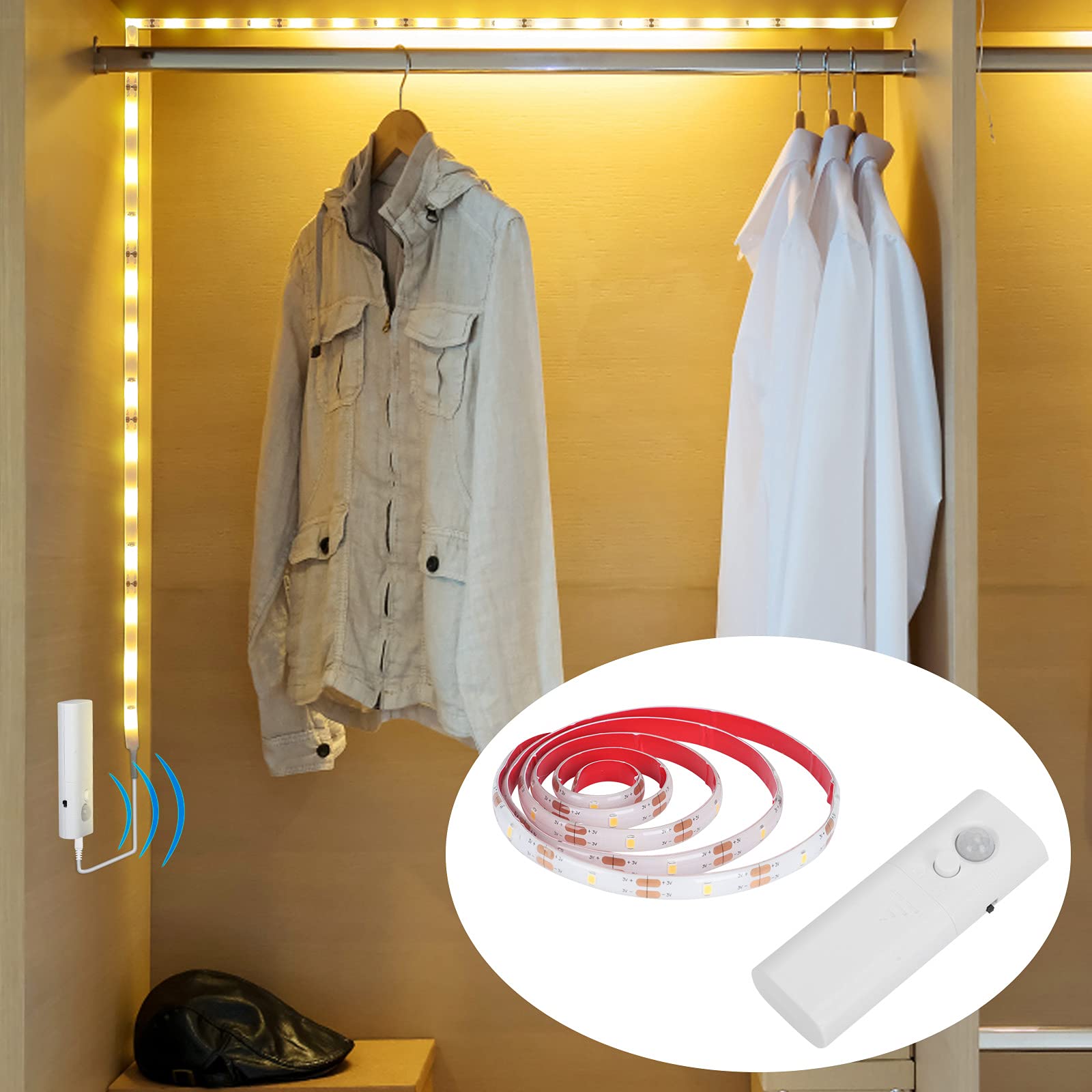 Lacasa Motion Sensor LED Closet Light Strip - 3.28ft Warm White Under Cabinet Lighting with Auto Mode & Switch Control - Perfect for Wardrobe, Closet, Drawer, Cupboard, Kitchen Cabinet - Battery Powered (2AA Required, Not Included) - Ideal for Nighttime Navigation, Home Organization & Dark Space Illumination