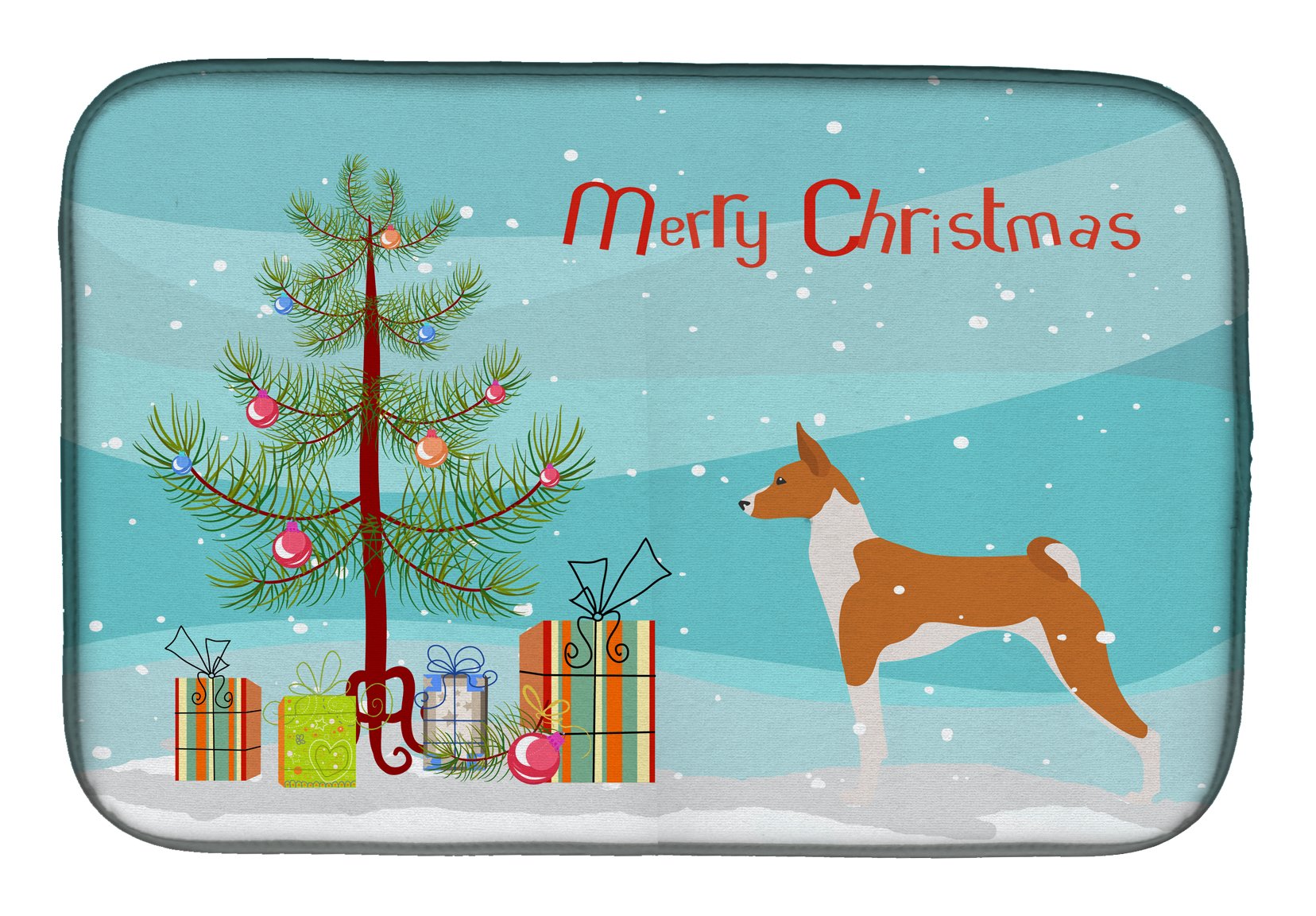 Basenji Christmas Tree Dish Drying Mat - Absorbent Kitchen Counter Mat for Holiday Decor, 14x21