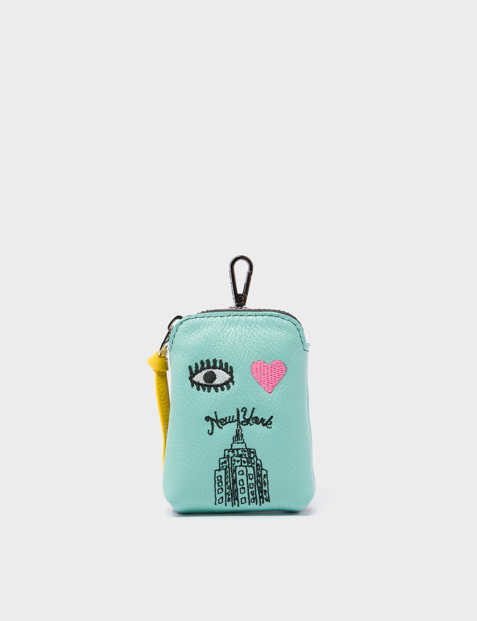 Florence Pouch Charm - Oceanic Green Leather Keychain with 'Eye Love New York' Embroidery | Perfect for Travel, Gifts & Key Organization
