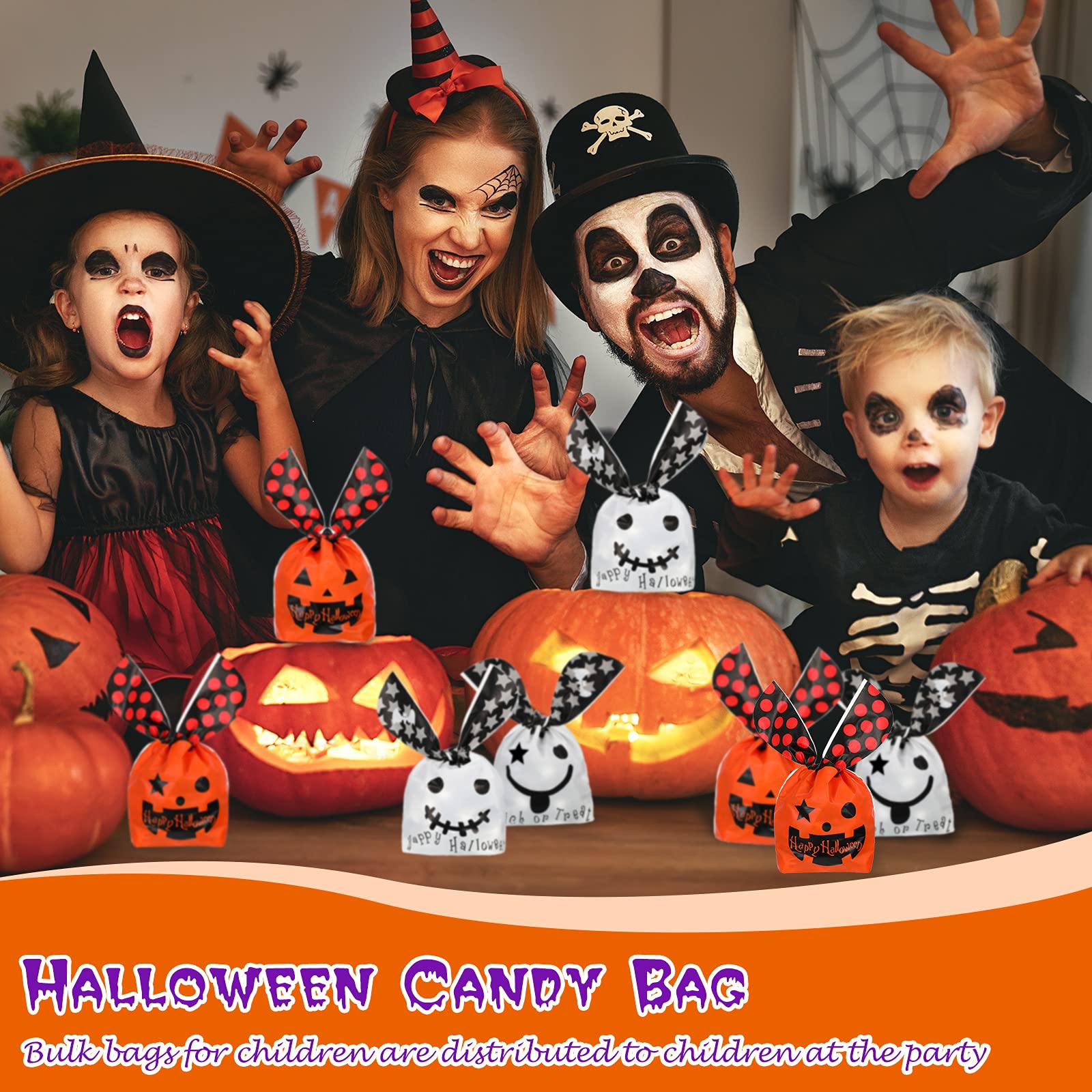Chinco 100-Pack Halloween Plastic Candy Bags - Orange Pumpkin & White Ghost Treat Bags for Party Favors, Snacks & Decorations | Halloween Party Supplies, Trick-or-Treat Bags, Candy Containers for School Events & Neighborhood Halloween Celebrations