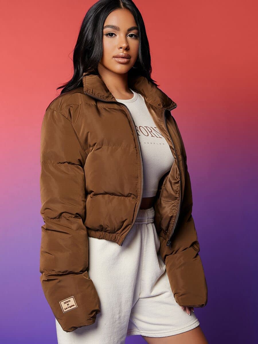 YWSZY Women's Lightweight Puffer Jacket with Patched Detail Zipper - Coffee Brown, Size Small - Warm Winter Coat for Outdoor Activities & Casual Wear