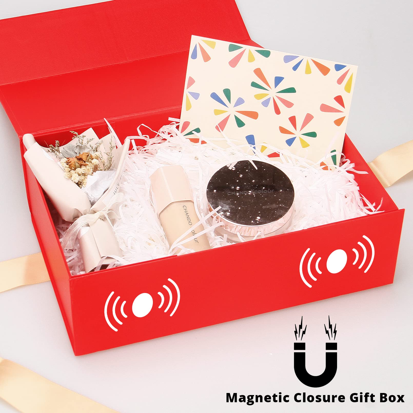 11x7.5x3.5 Inch Red Magnetic Closure Gift Box Set - Includes Greeting Card, Ribbon & Paper Filler for Christmas, Birthday & Holiday Gift Wrapping - Perfect for Jewelry, Cosmetics & Luxury Present Packaging
