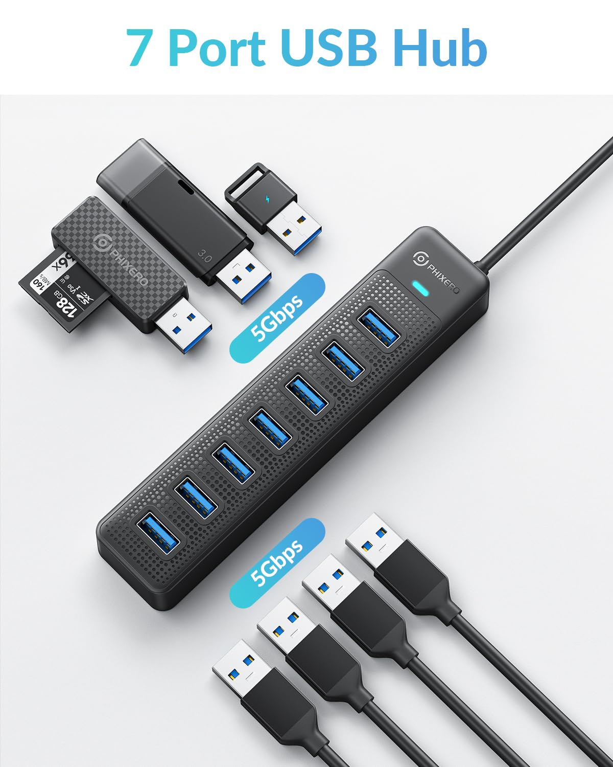 PHIXERO 7-Port USB 3.0 Hub with 3.3FT Cable - High-Speed Data Transfer USB Splitter for PC, Laptop, MacBook - Compatible with USB 3.0/2.0/1.1 Devices - Perfect for Home Office, Gaming & Multiple Device Charging