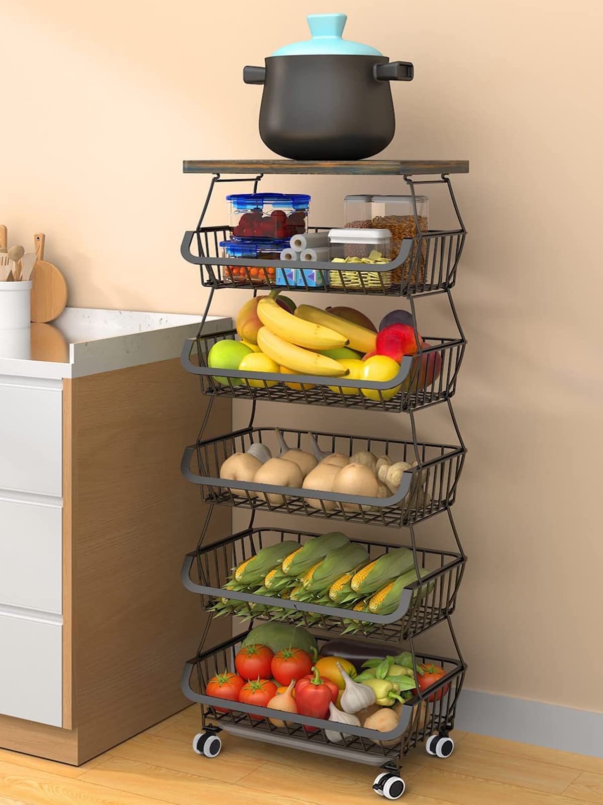 6-Tier Stackable Metal Wire Kitchen Storage Baskets with Tabletop - Organize Fruits, Vegetables & Pantry Items - Perfect for Kitchen, Garage & Home Organization