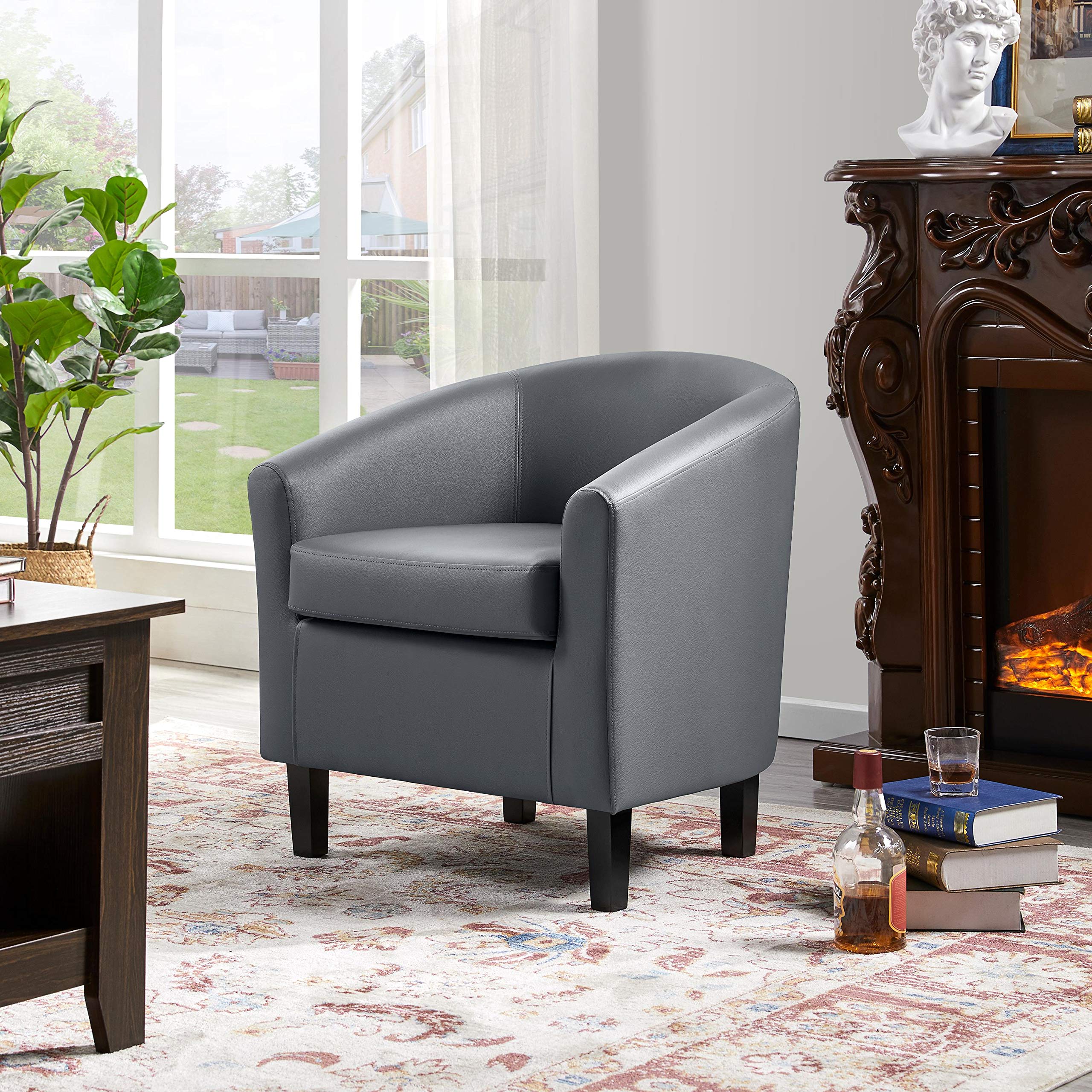 Topeakmart 2-Piece Gray Faux Leather Accent Chairs Set - Modern Barrel Club Chairs with Wooden Legs for Living Room & Bedroom | Comfortable Upholstered Seating for Home Office, Reading Nook & Lounge Areas
