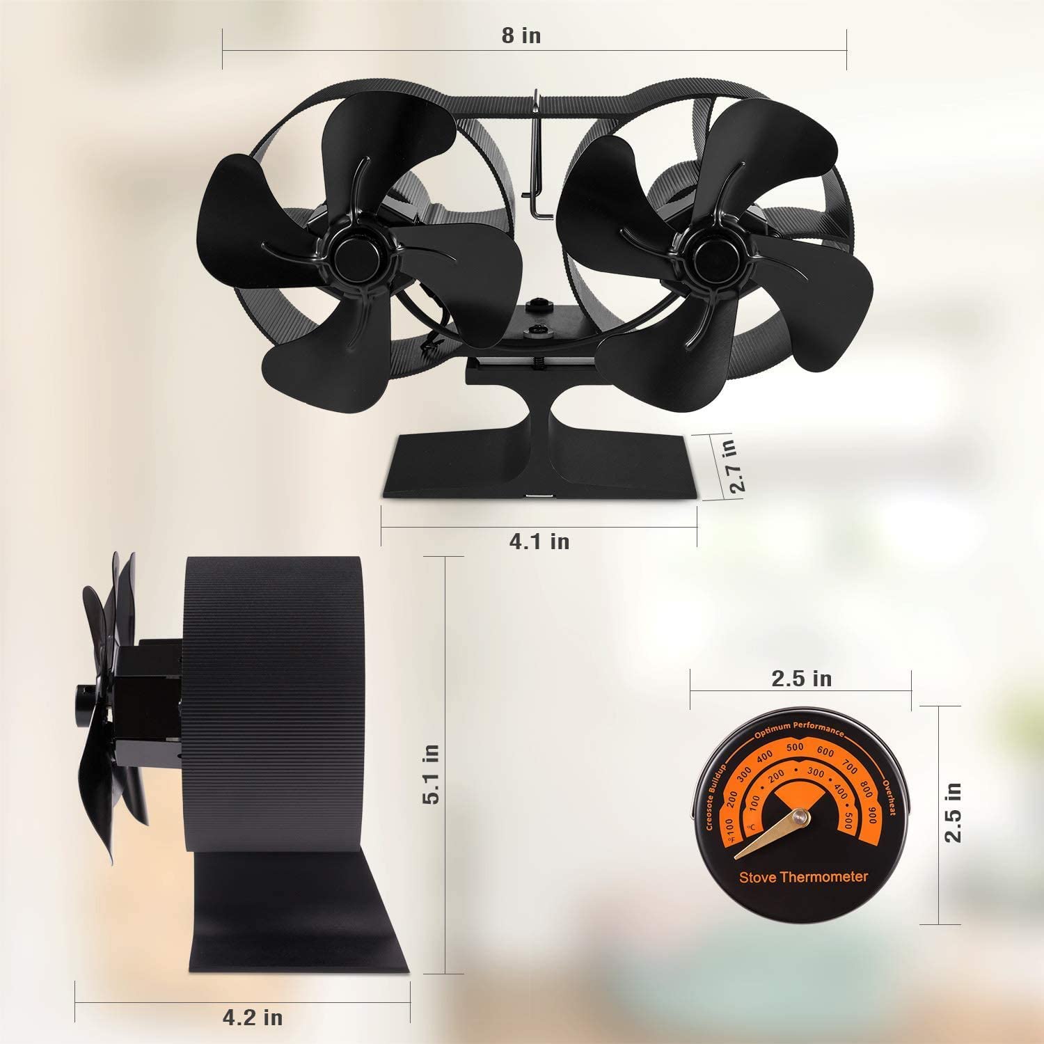 Ifan Wood Stove Fan with Thermometer - Quiet Dual Motor Eco Heater Fan for Improved Air Circulation - Perfect for Fireplace, Home Heating & Energy Efficiency