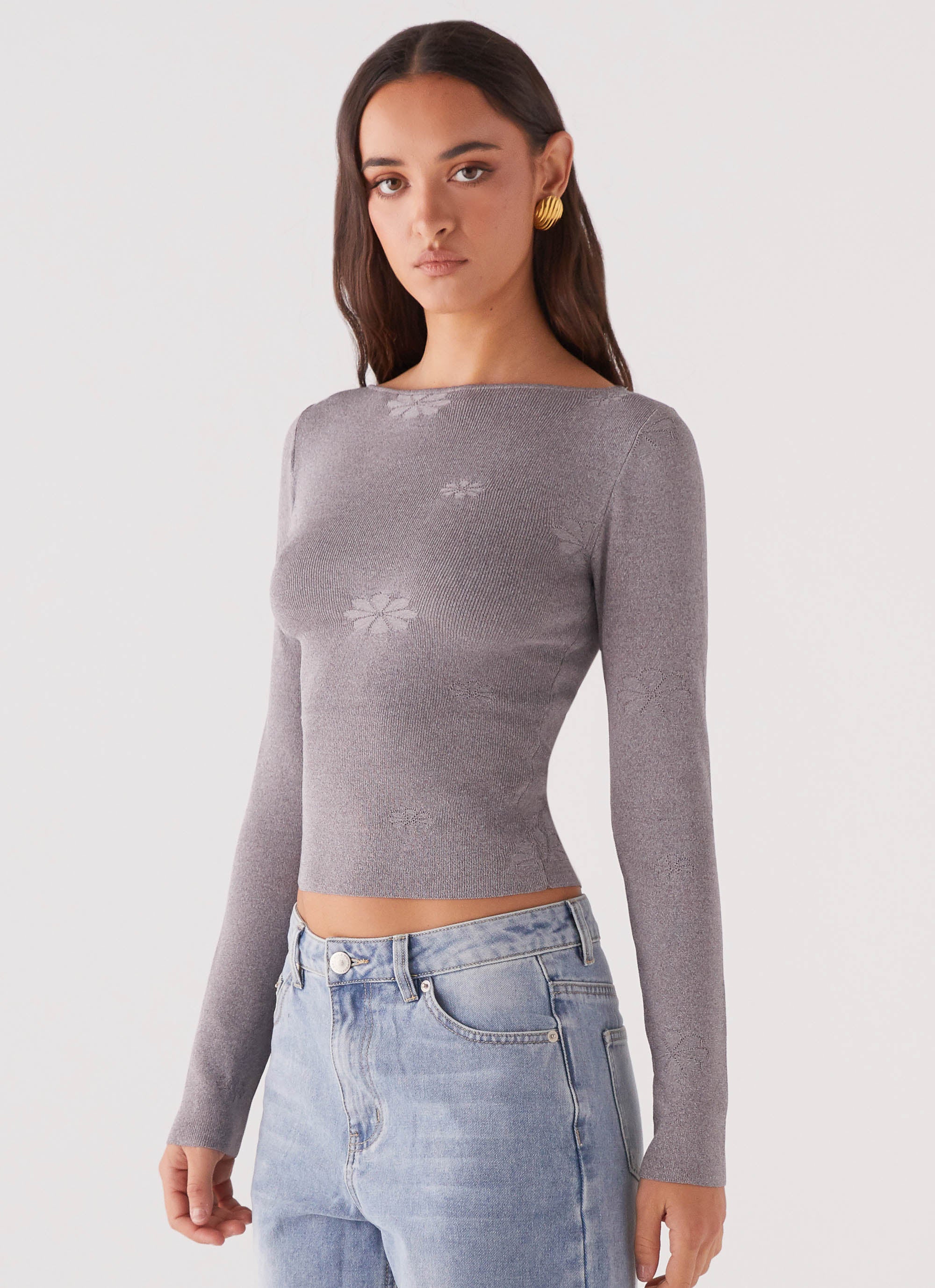 Dandelion Long Sleeve Knit Top for Women - Soft Grey Marle Crewneck Sweater | Casual Fall & Winter Layering Essential
