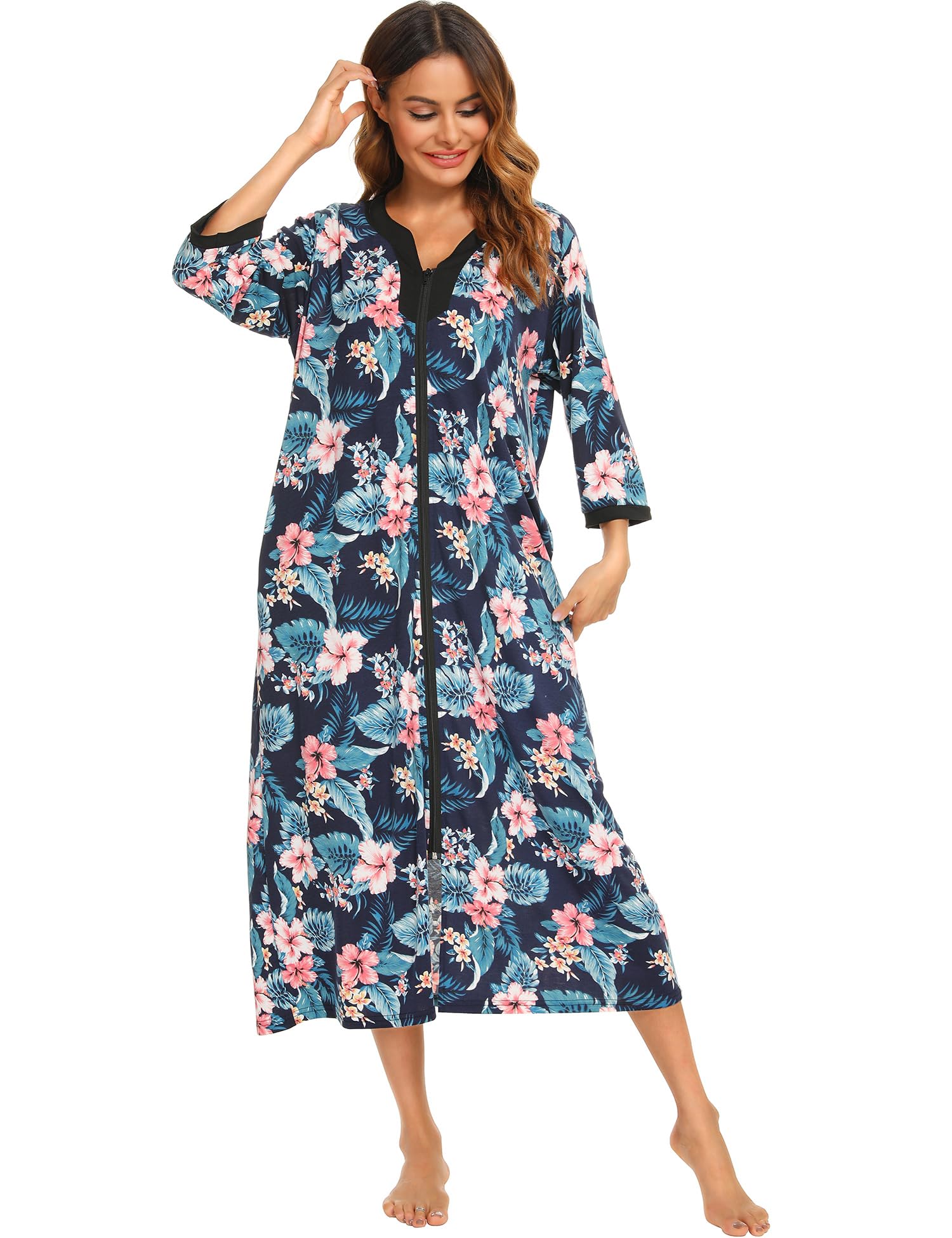 Bloggerlove Women's Zip Up Cotton Robe - Long House Coat with Half Sleeves, Comfy Sleepwear & Nightgown for Lounging, Sleeping & Relaxing at Home
