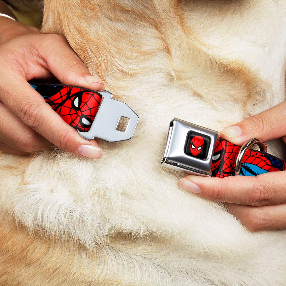 Amazing Spider-Man Dog Collar with Seatbelt Buckle - Adjustable 9 to 15 Inches, 1.0 Inch Wide, Multi-Color (DC-WSPD001-S) - Perfect for Superhero Fans & Pet Safety in Cars
