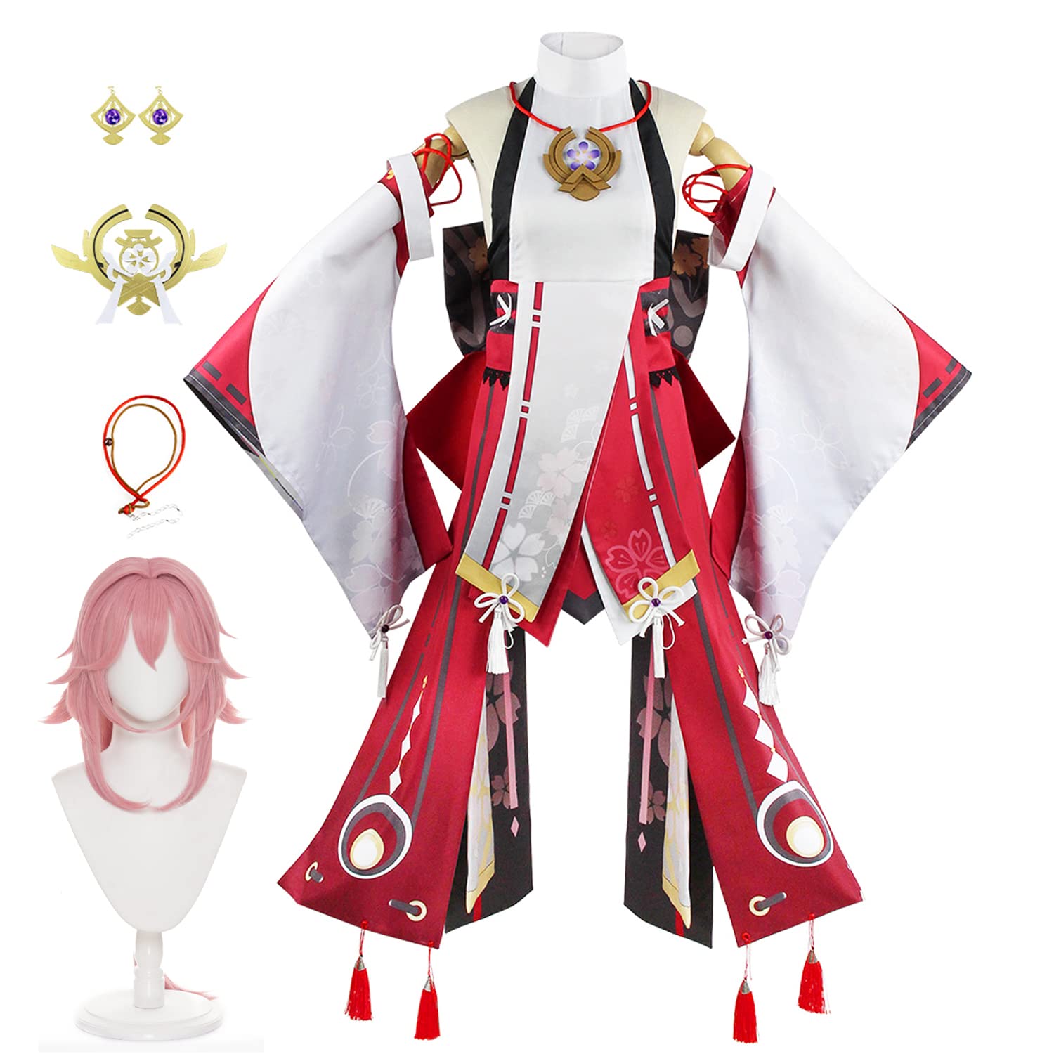 Yae Miko Cosplay Costume Set with Earrings & Headwear - Anime Genshin Impact Character Outfit for Conventions & Halloween